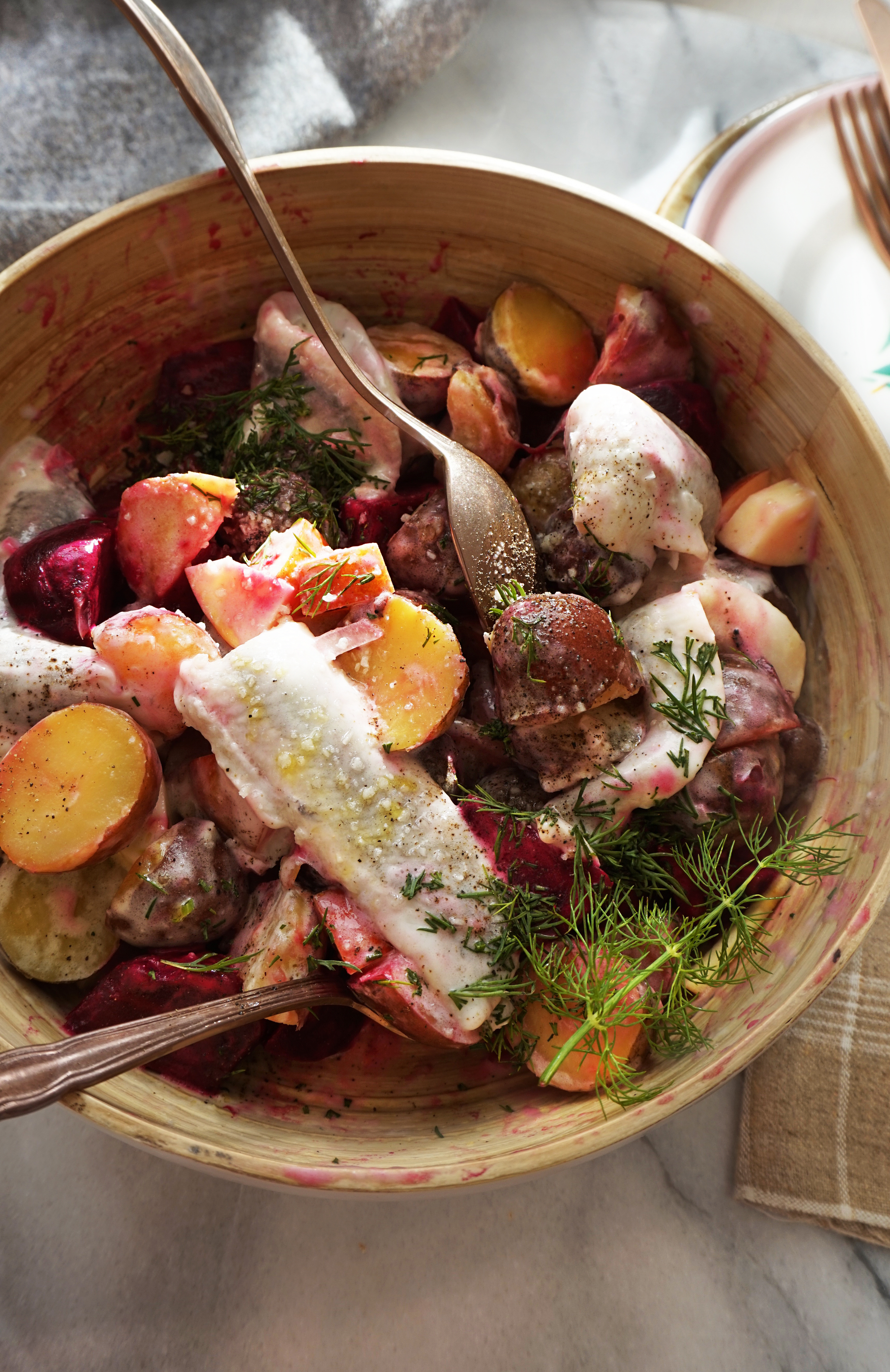 Overhead flat-lay of all ingredients for Icelandic Kjötsúpa with Root Vegetables and Lamb laid out on a kitchen surface.
