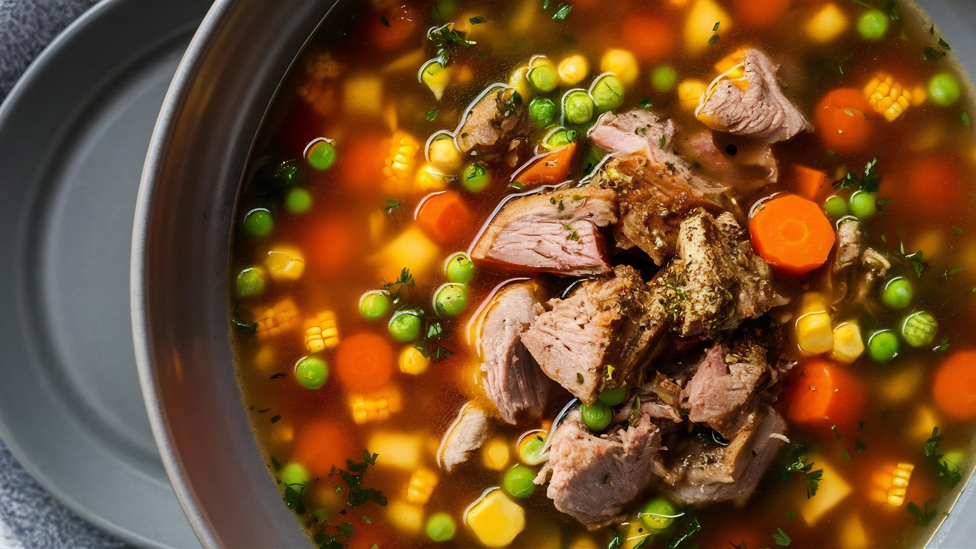 Icelandic Kjötsúpa with Root Vegetables and Lamb — Soup served and photographed from above