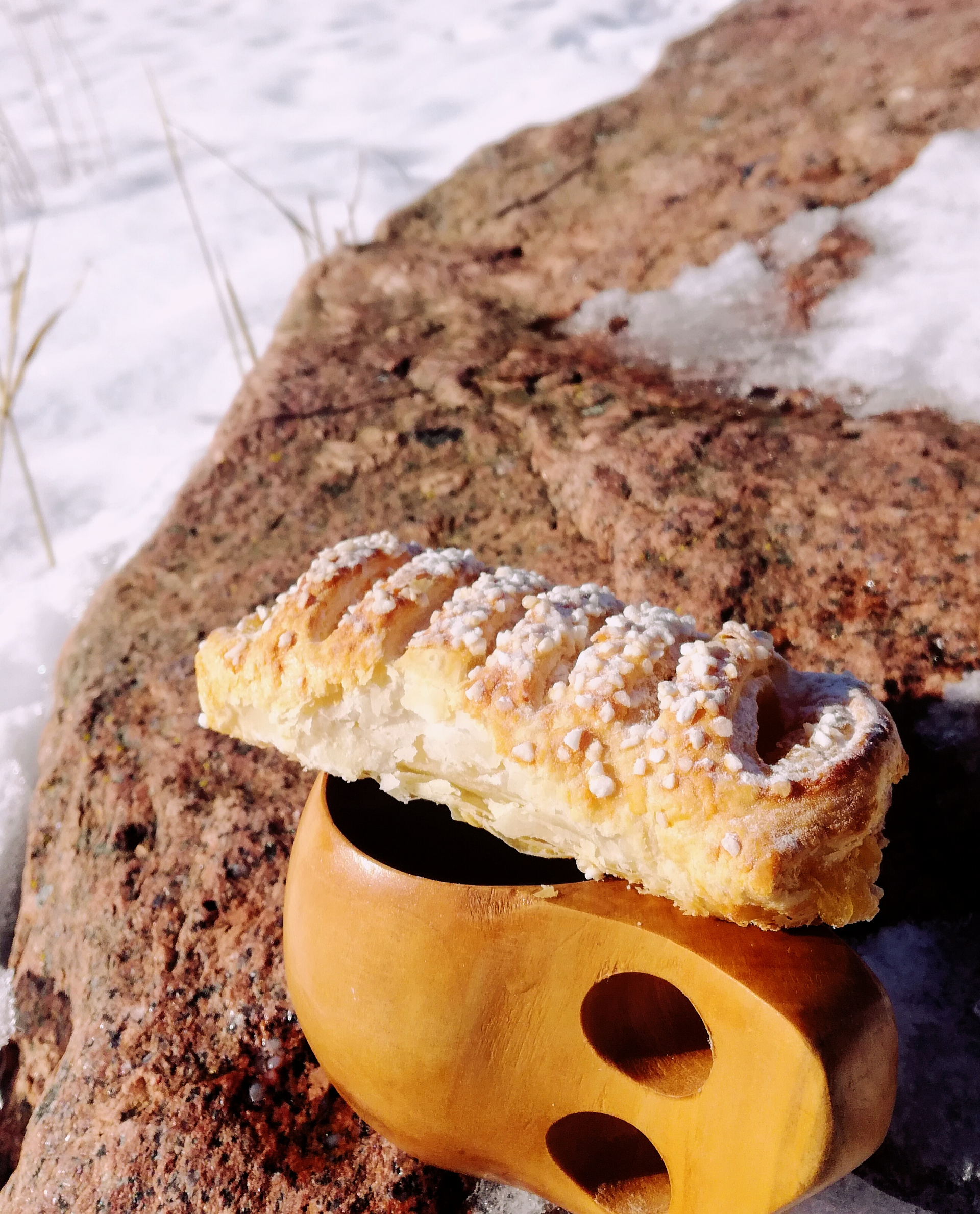 Icelandic Rye Bread Ice Cream with Caramel Swirl — Dessert served and photographed from above
