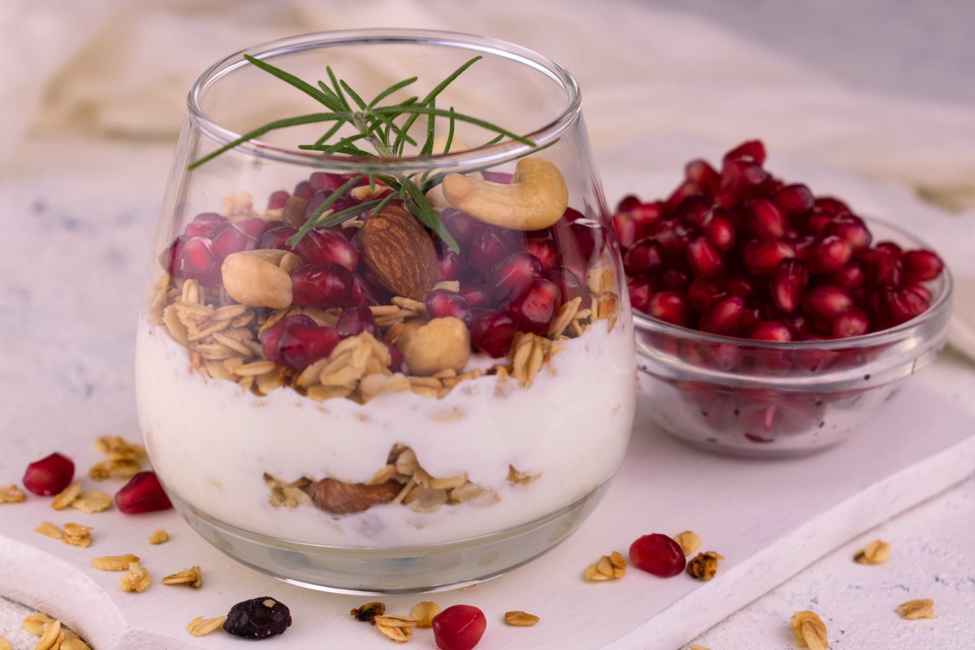 Icelandic Skyr Honey Parfait with Walnut and Lingonberries Topping — Breakfast served and photographed from above
