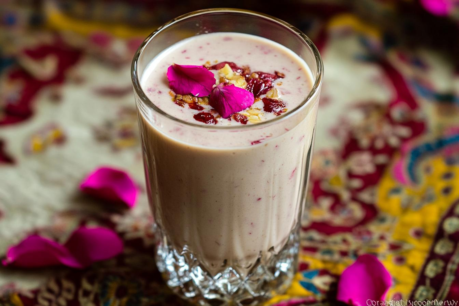 Overhead flat-lay of all ingredients for Indian Cardamom Pistachio Lassi with Rose Infusion laid out on a kitchen surface.