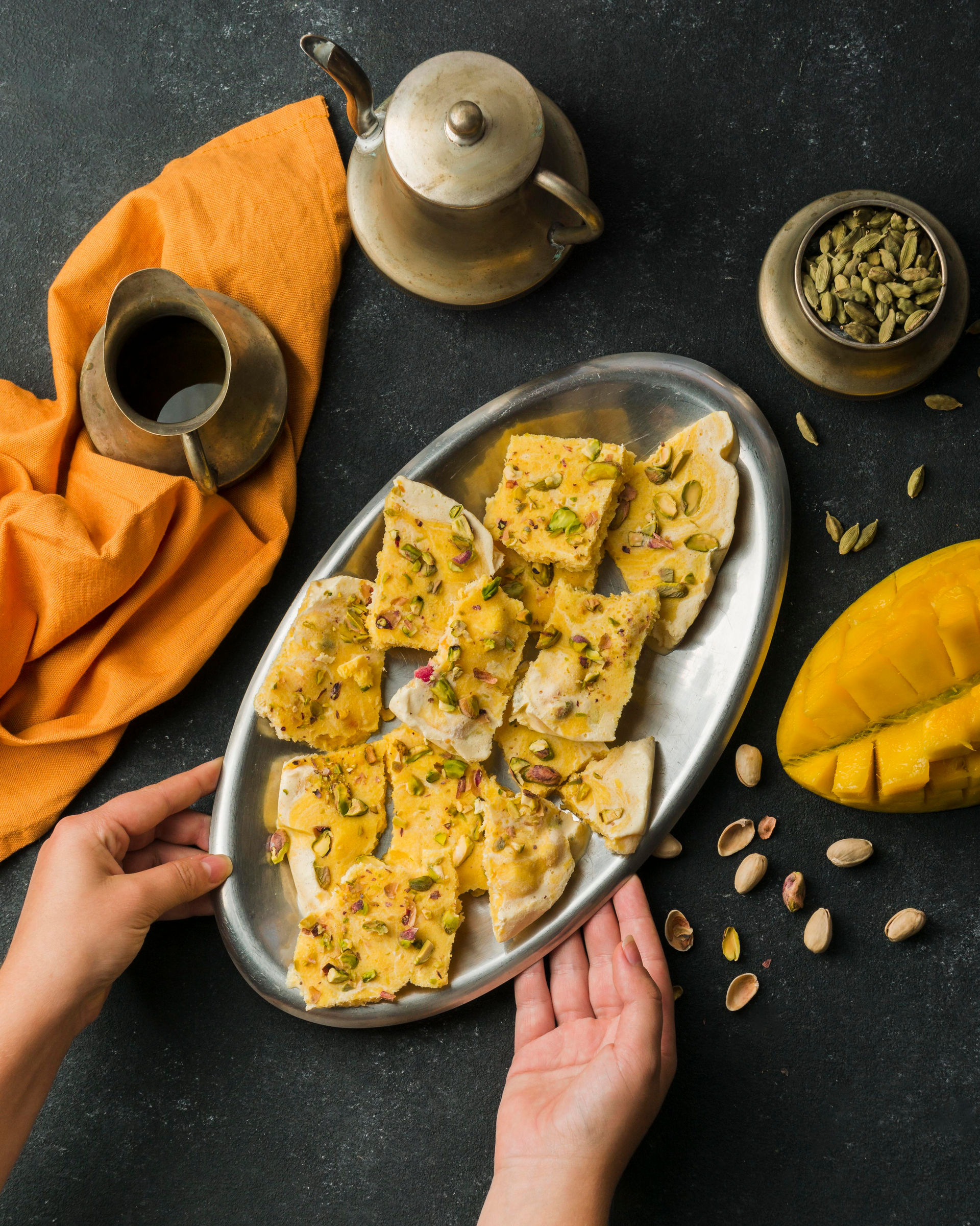 Indian Dhokla with Mustard Seed Tempering — Appetizer served and photographed from above