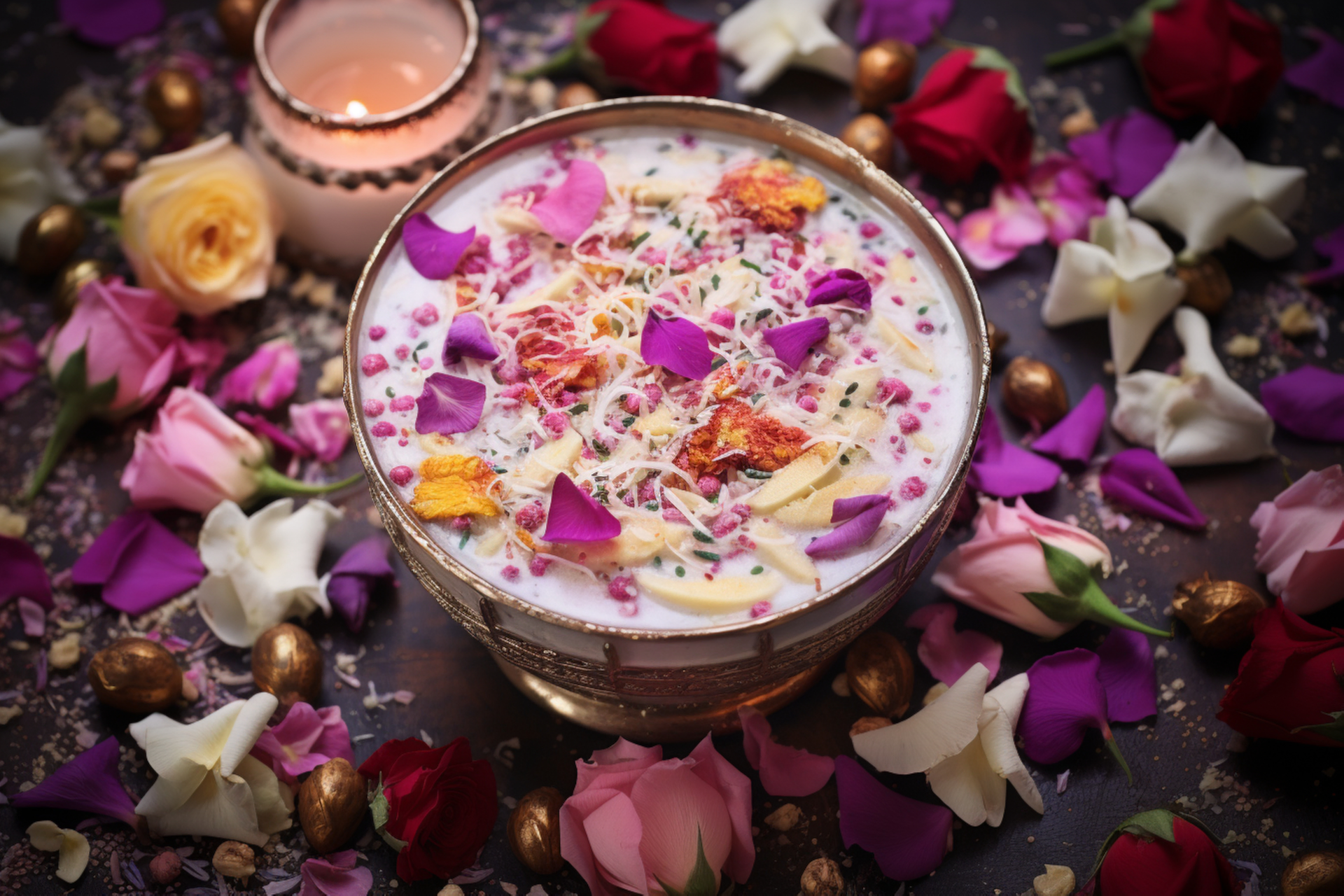 Overhead flat-lay of all ingredients for Indian Saffron and Cardamom Lassi with Rose Petal Garnish laid out on a kitchen surface.