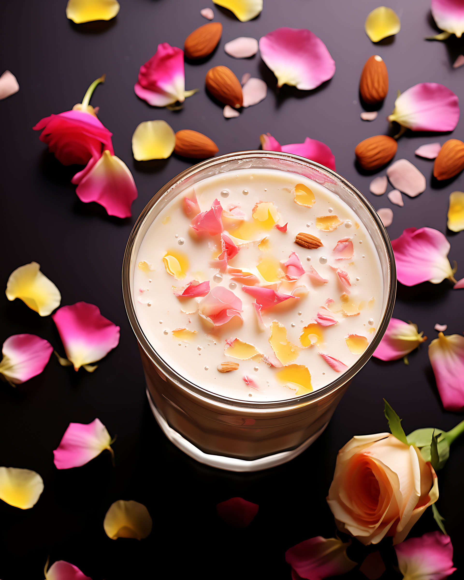 Indian Saffron and Cardamom Lassi with Rose Petal Garnish — Beverage served and photographed from above