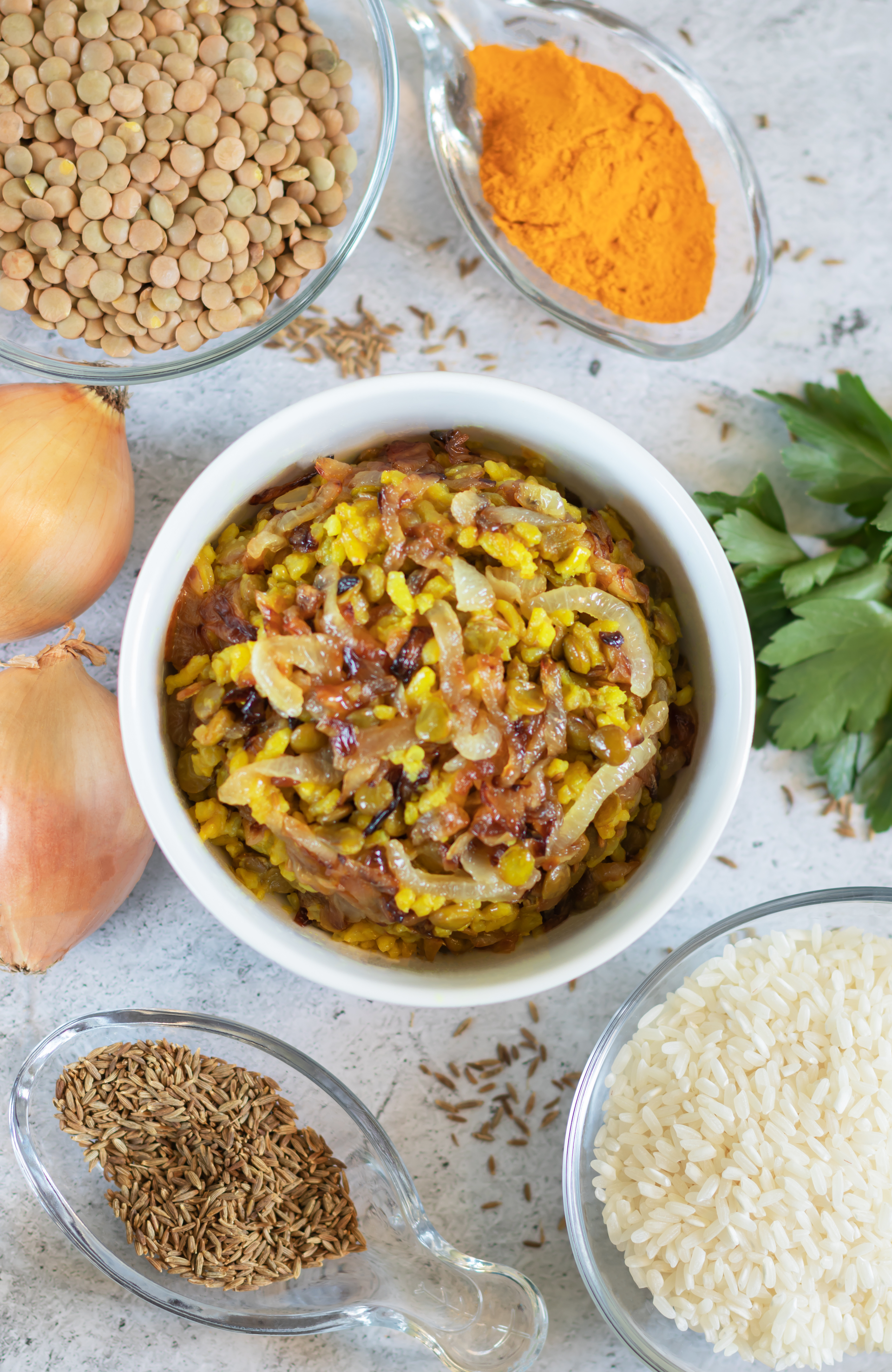 Indian Turmeric and Mustard Seed Lentil Stew — Main Course served and photographed from above