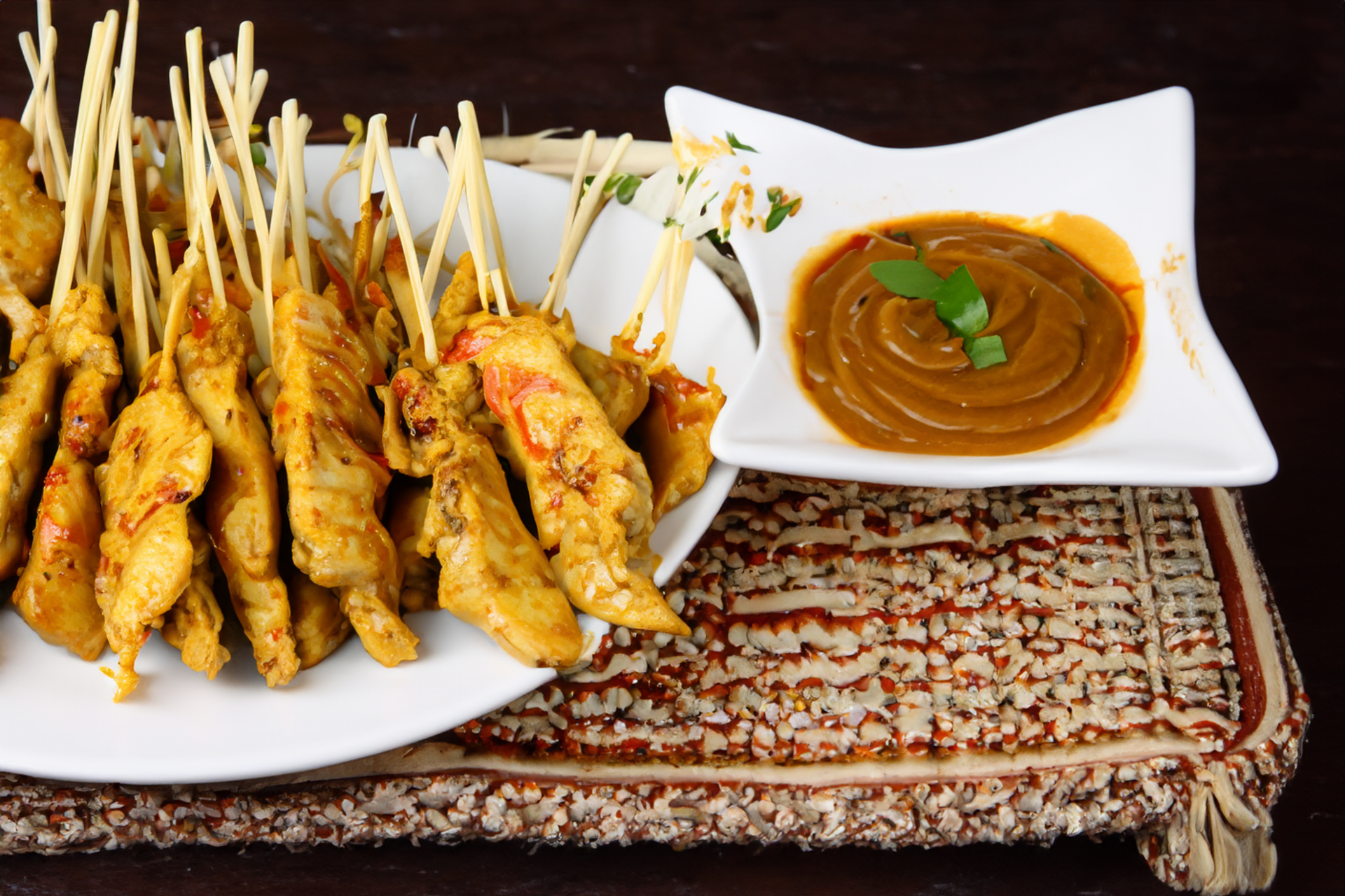 Indonesian Grilled Tempeh Satay with Spicy Peanut Sauce — Main Course served and photographed from above