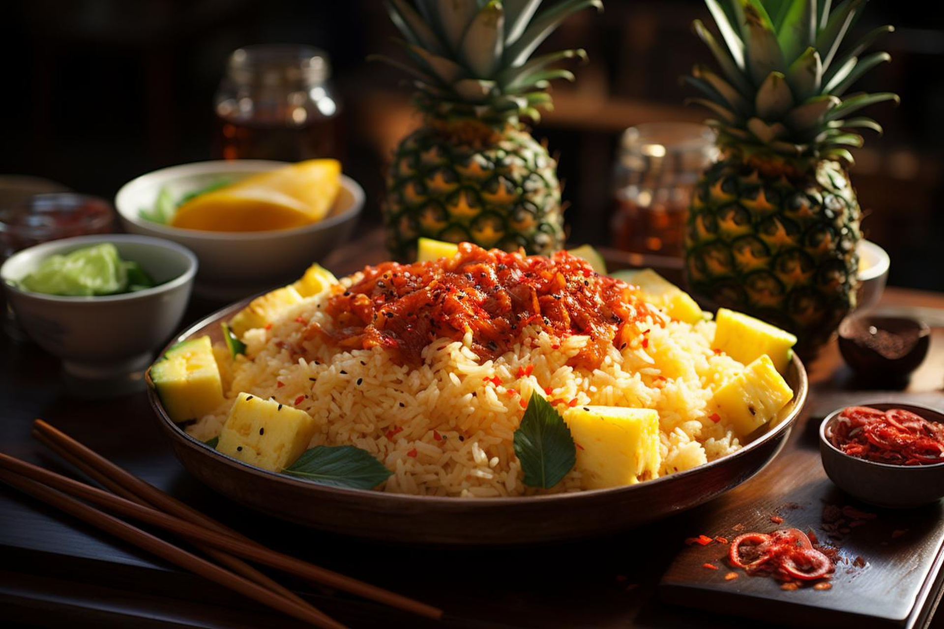 Indonesian Pineapple Sambal Curry with Coconut Rice — Main Course served and photographed from above