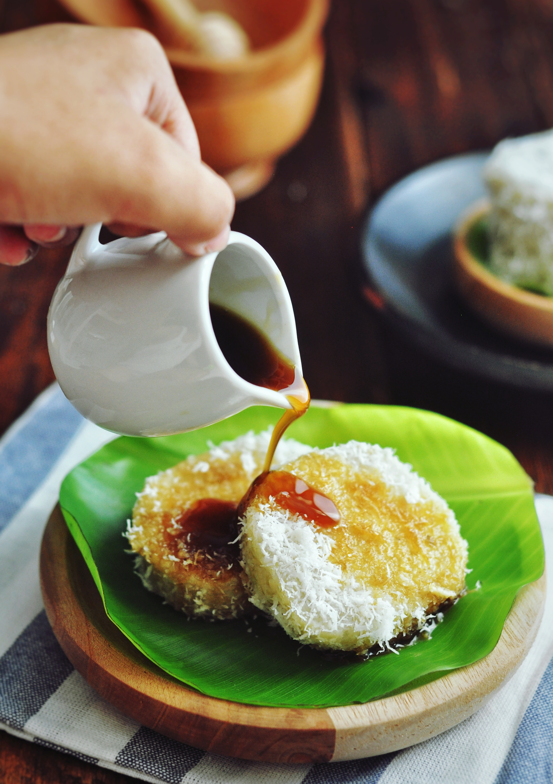 Indonesian Serabi with Pandan Coconut Sauce — Dessert served and photographed from above