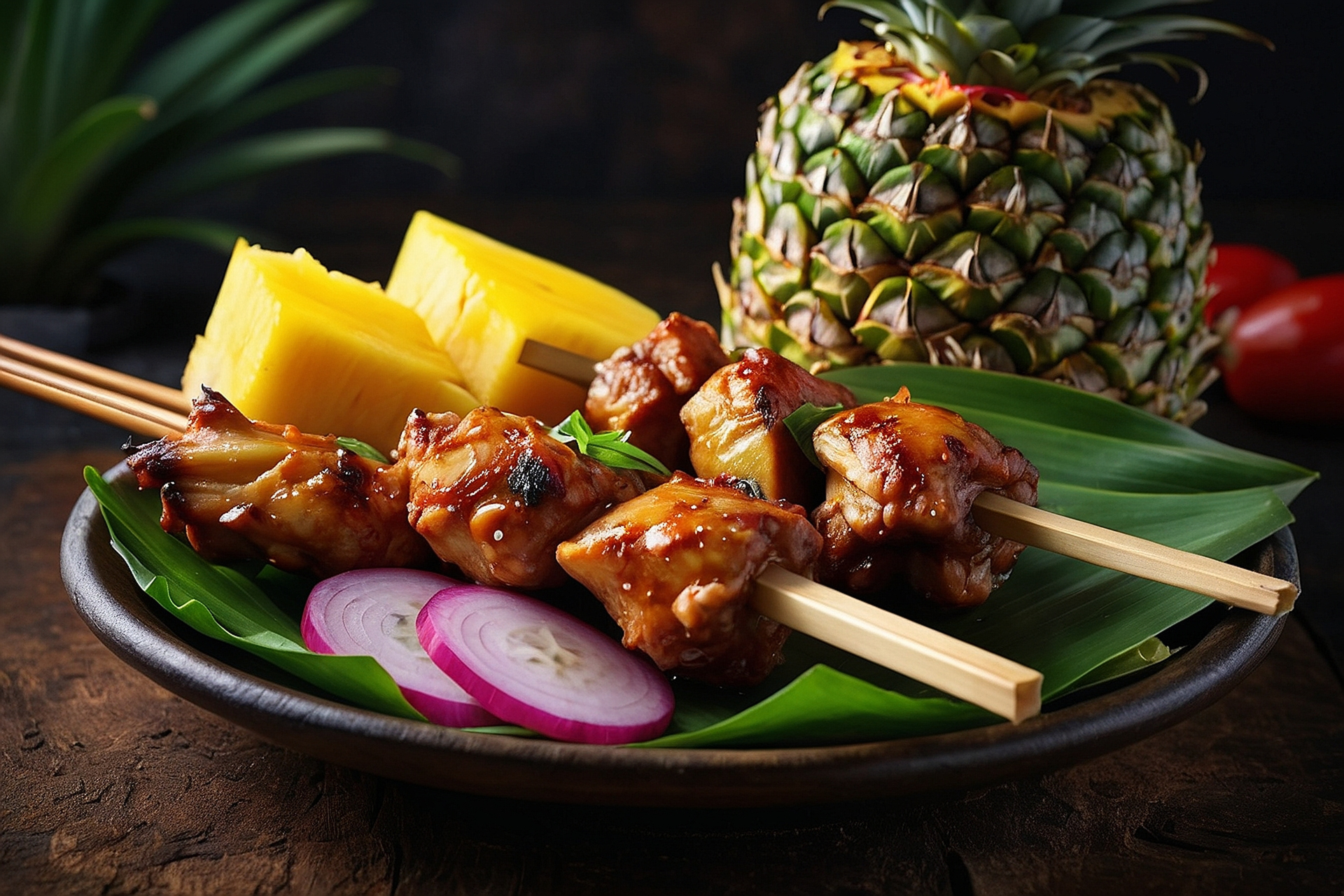 Overhead flat-lay of all ingredients for Indonesian Tamarind Pork Satay with Pineapple Relish laid out on a kitchen surface.