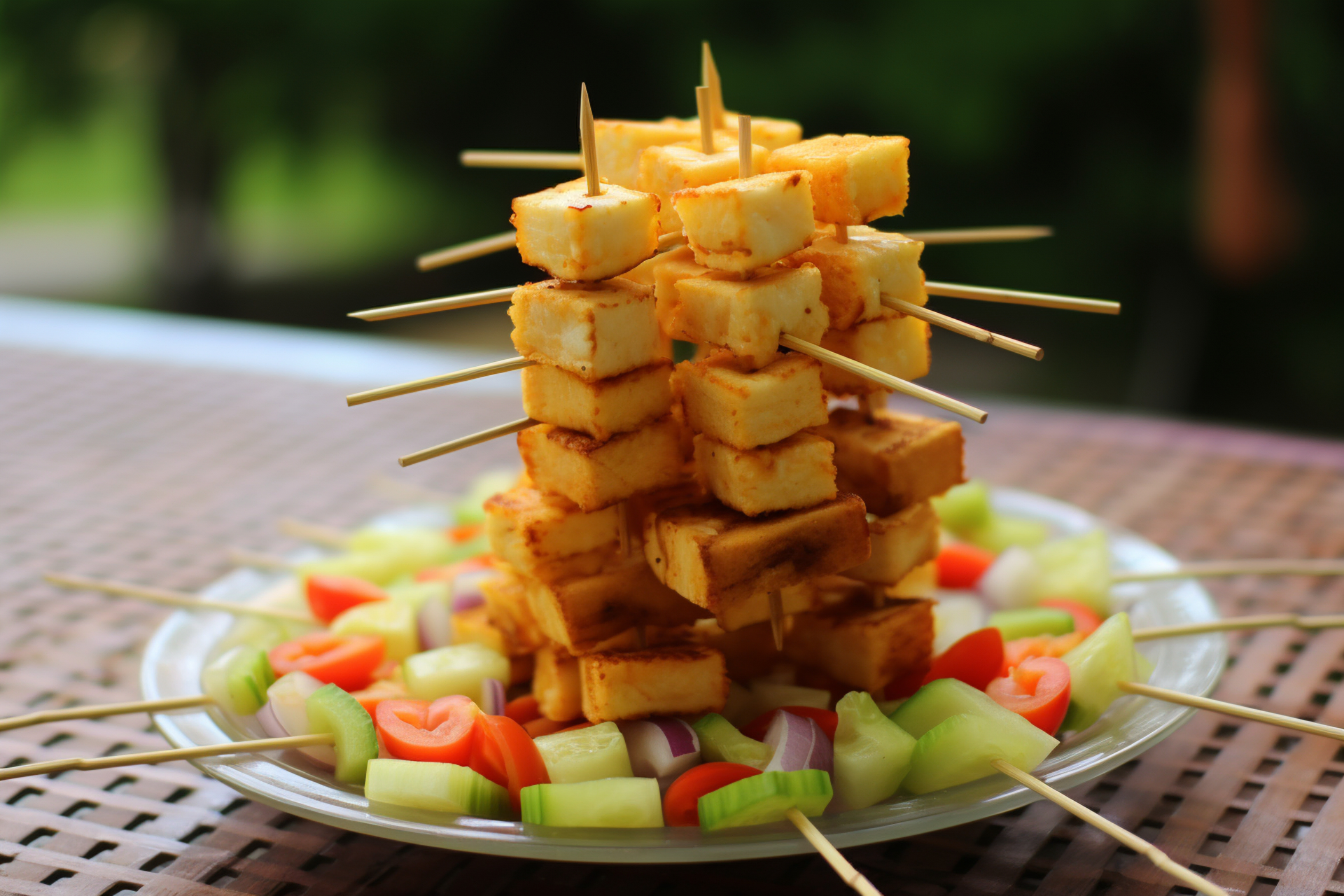 Overhead flat-lay of all ingredients for Indonesian Tamarind Tofu Satay with Pineapple Chili Dip laid out on a kitchen surface.