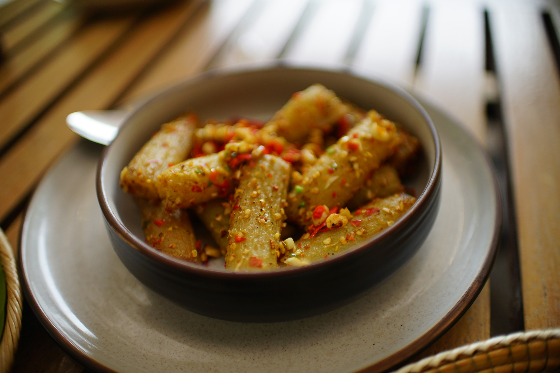 Indonesian Tempeh Pernik with Spicy Sambal — Main Course served and photographed from above