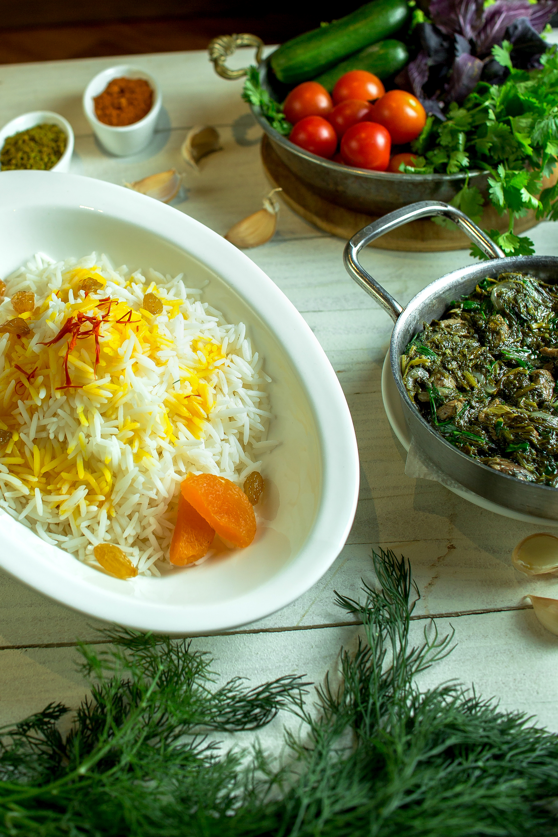 Iranian Sabzi Polo with Herbed Rice and Fresh Dill — Main Course served and photographed from above