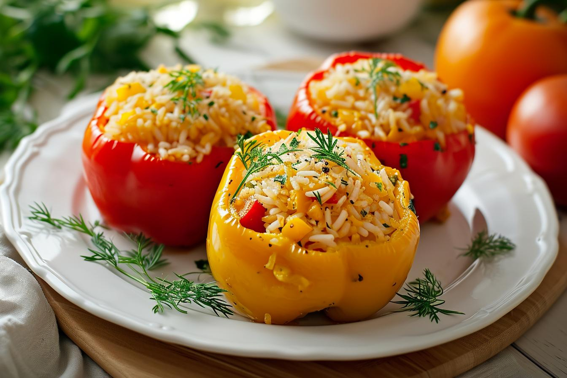Overhead flat-lay of all ingredients for Irish Colcannon Stuffed Bell Peppers with Cheddar-Tarragon Cream laid out on a kitchen surface.