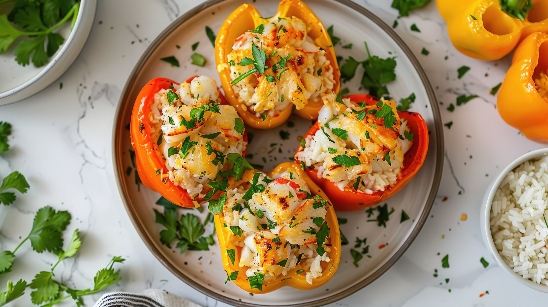 Irish Colcannon Stuffed Bell Peppers with Cheddar-Tarragon Cream — Main Course served and photographed from above