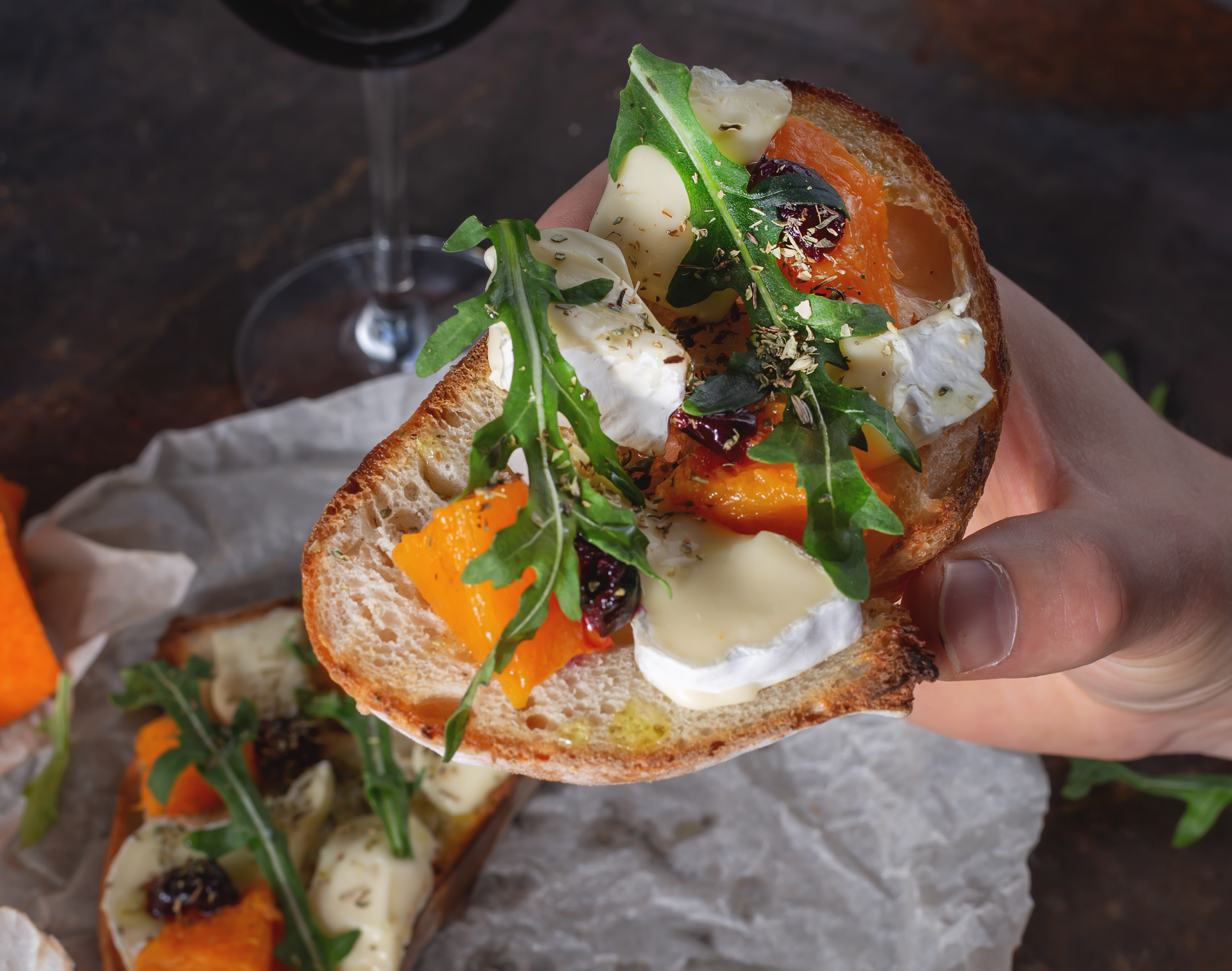 Italian Burrata Bruschetta with Balsamic Drizzle — Appetizer served and photographed from above