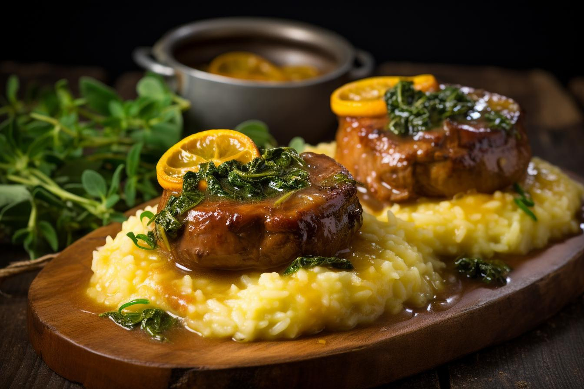 Overhead flat-lay of all ingredients for Italian Osso Buco with Saffron Risotto laid out on a kitchen surface.