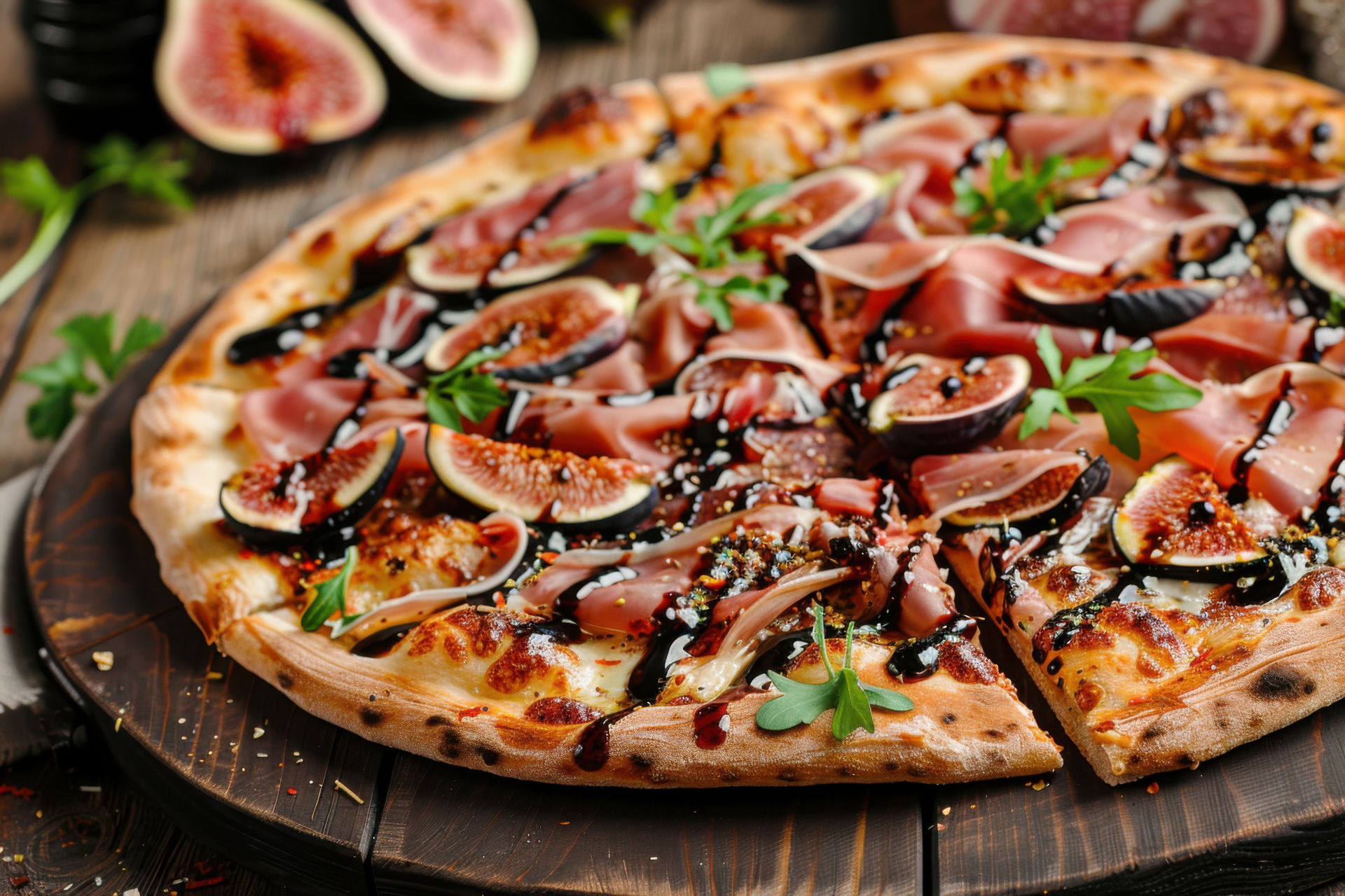 Overhead flat-lay of all ingredients for Italian Prosciutto and Fig Pizza with Balsamic Glaze laid out on a kitchen surface.