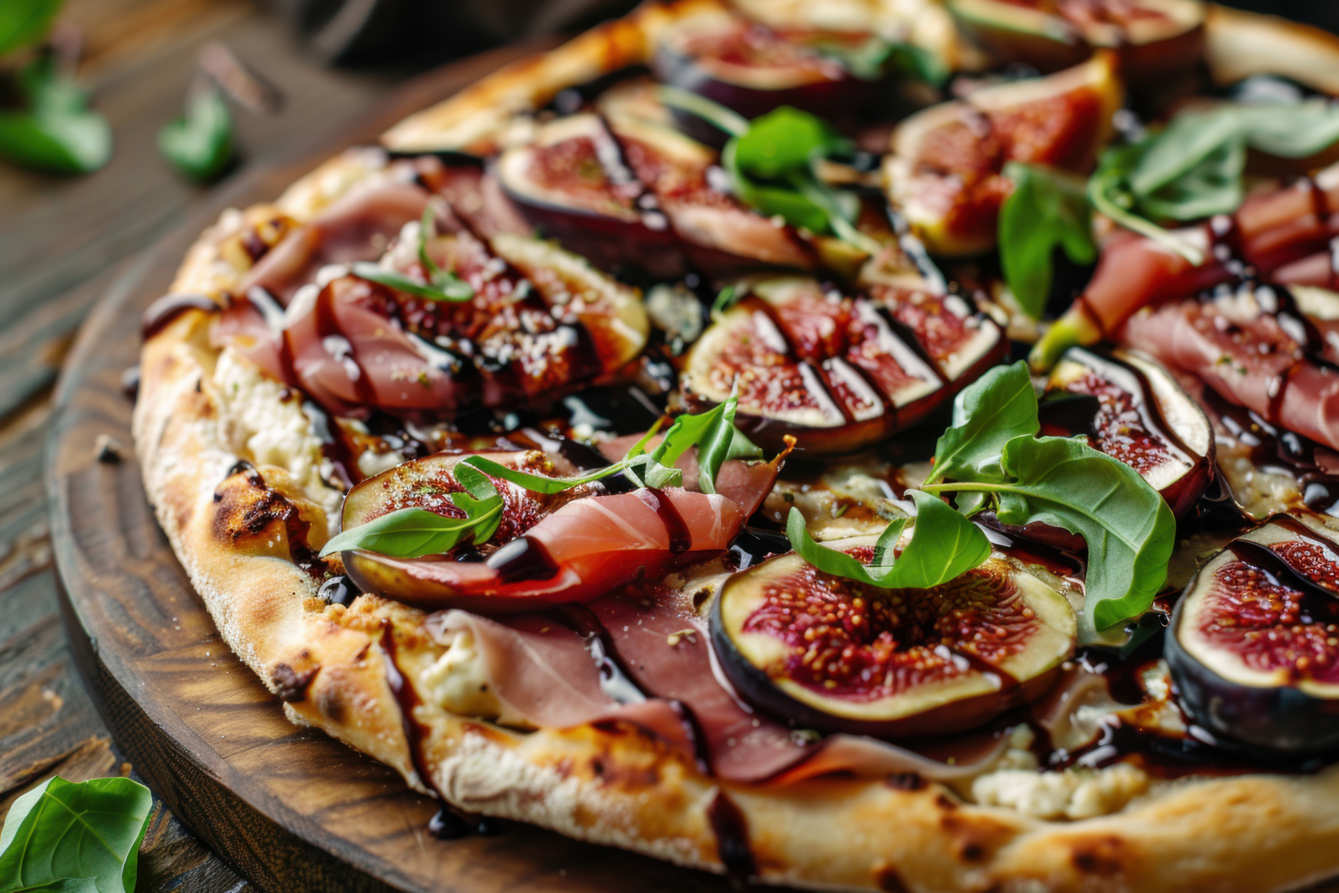 Italian Prosciutto and Fig Pizza with Balsamic Glaze — Main Course served and photographed from above