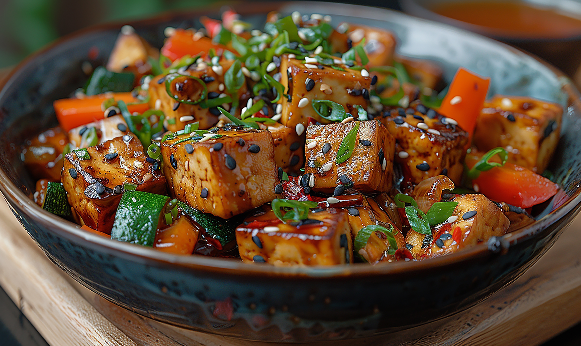 Overhead flat-lay of all ingredients for Jamaican Mango Jerk Tofu with Pineapple and Scotch Bonnet Glaze laid out on a kitchen surface.