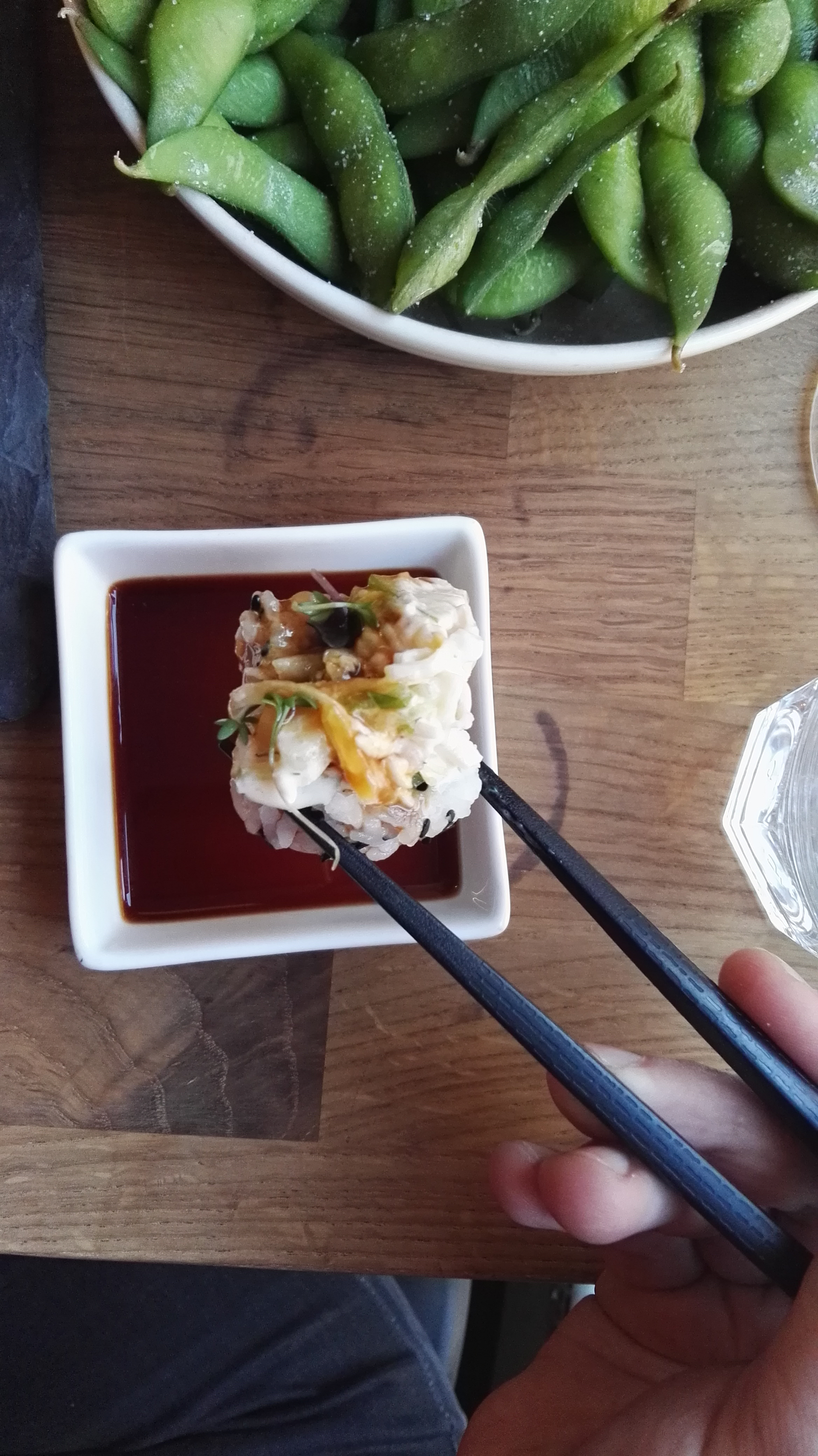 Japanese Ankimo with Ponzu Dipping Sauce — Appetizer served and photographed from above
