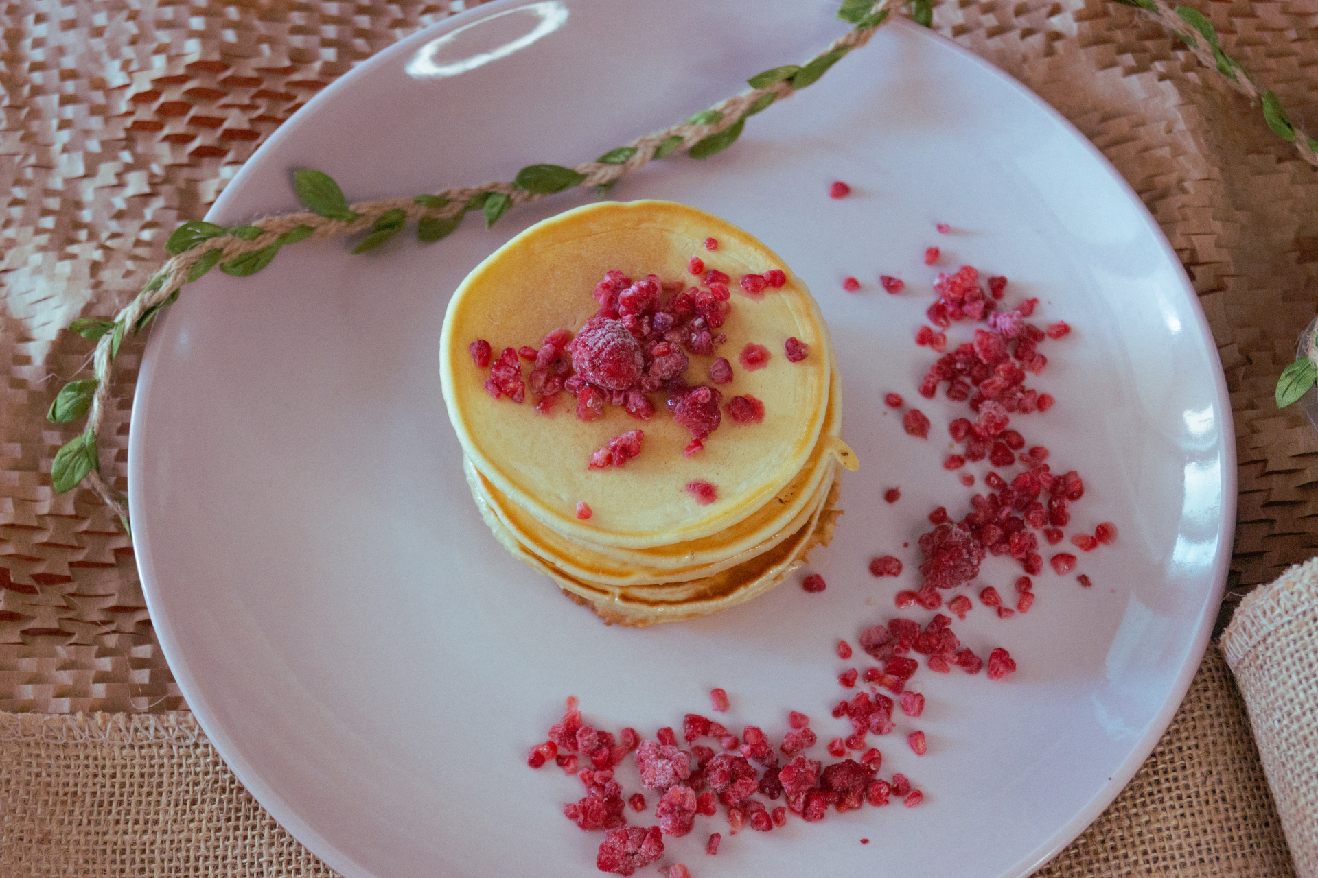 Japanese Cherry Blossom Pancakes with Yuzu-Honey Drizzle — Breakfast served and photographed from above