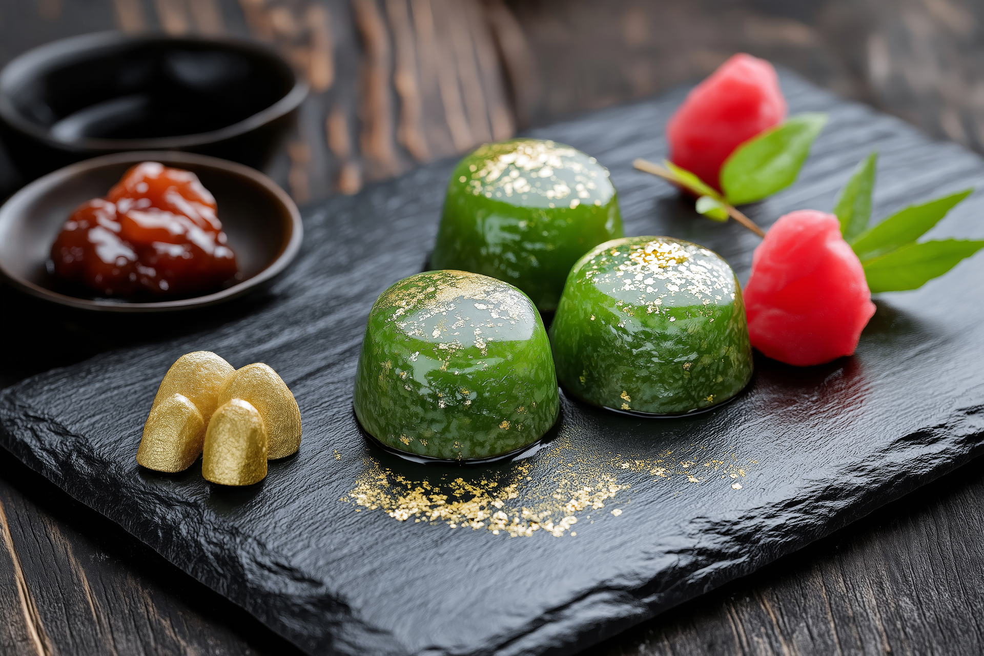 Japanese Green Tea Mochi with Red Bean Center — Dessert served and photographed from above