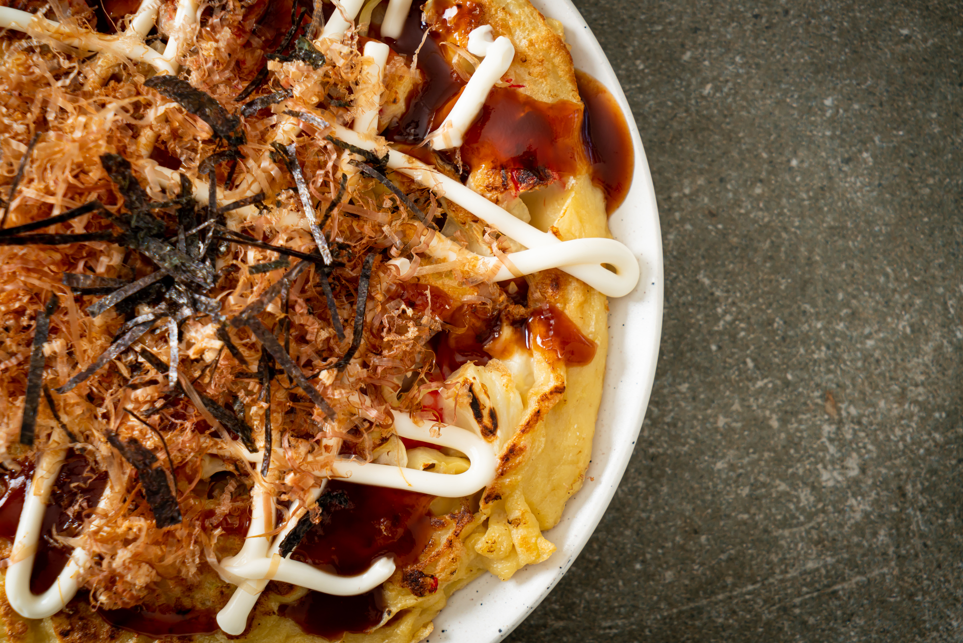 Japanese Okonomiyaki — Main Course served and photographed from above