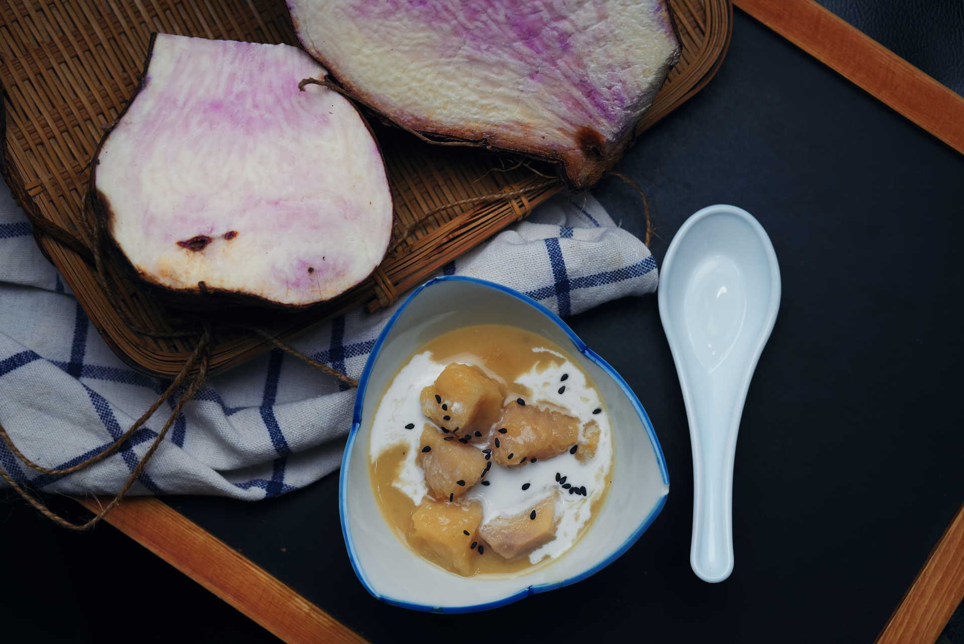 Overhead flat-lay of all ingredients for Japanese Sweet Potato Yokan with Red Bean Paste laid out on a kitchen surface.