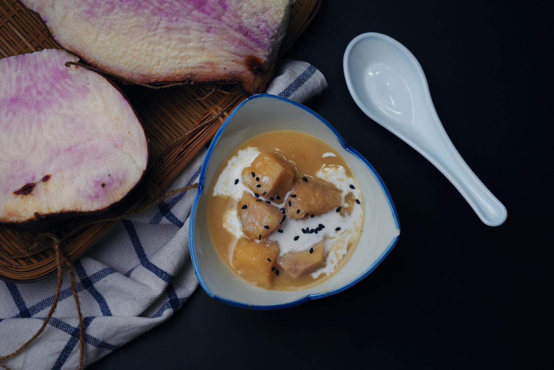 Japanese Sweet Potato Yokan with Red Bean Paste — Dessert served and photographed from above