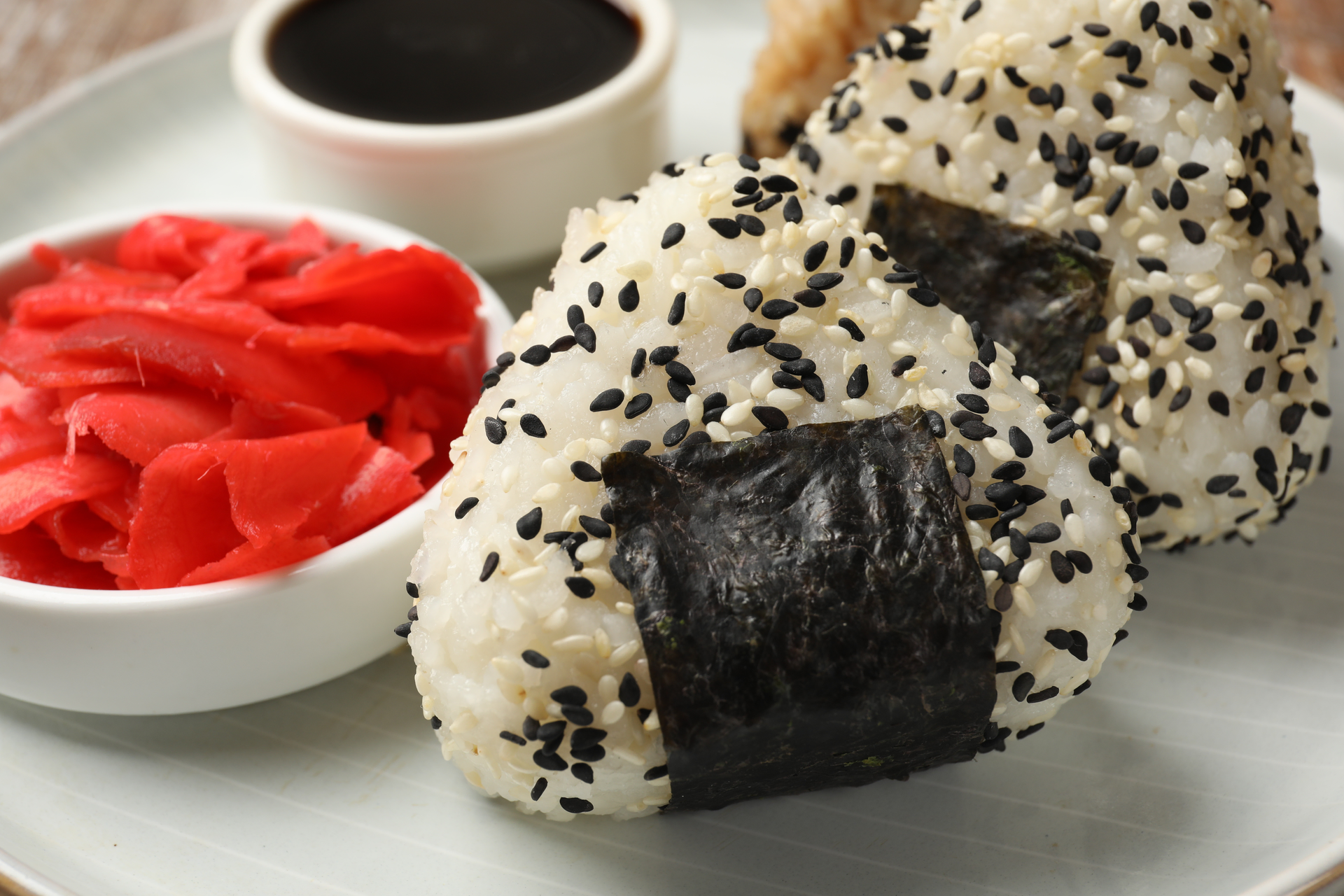 Japanese Yaki Onigiri with Soy Glaze and Nori Garnish — Snack served and photographed from above