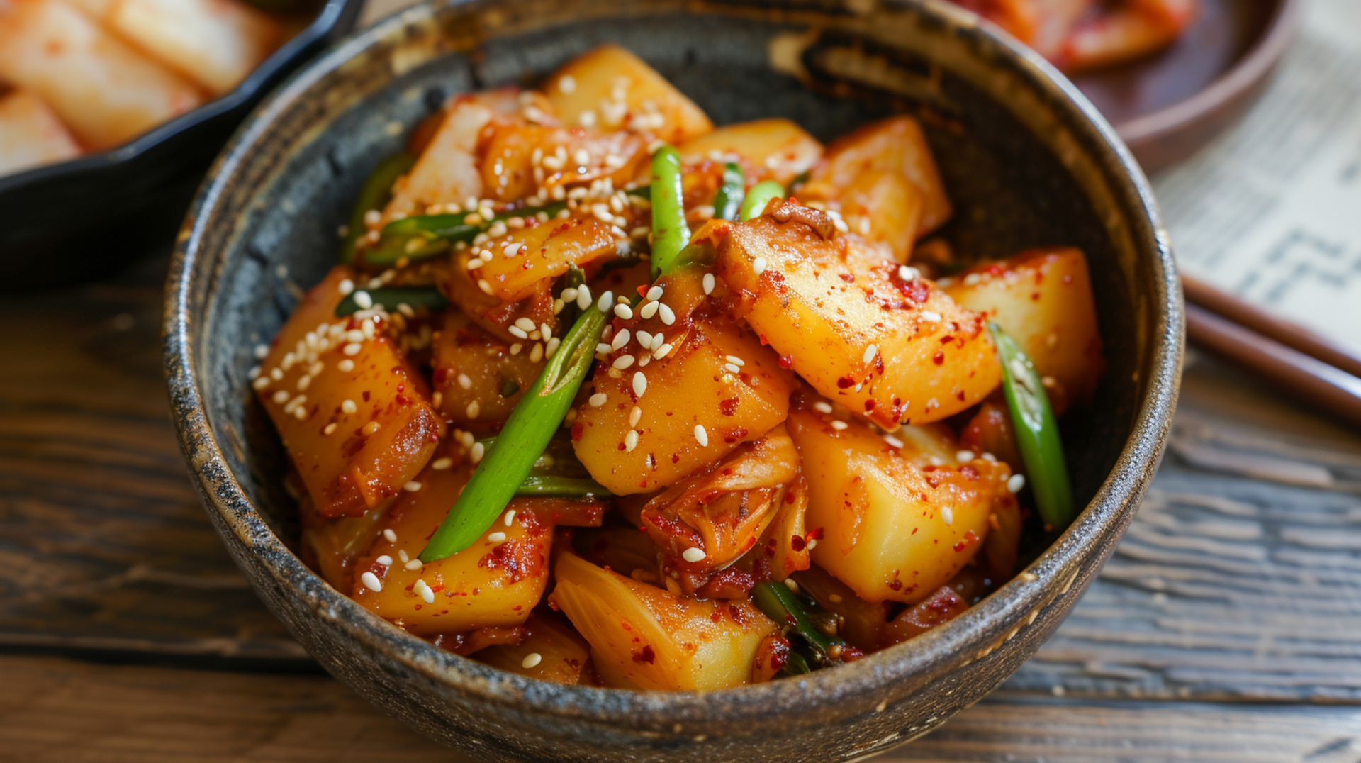 Overhead flat-lay of all ingredients for Korean Gamja Jorim (Soy-Glazed Baby Potatoes) laid out on a kitchen surface.