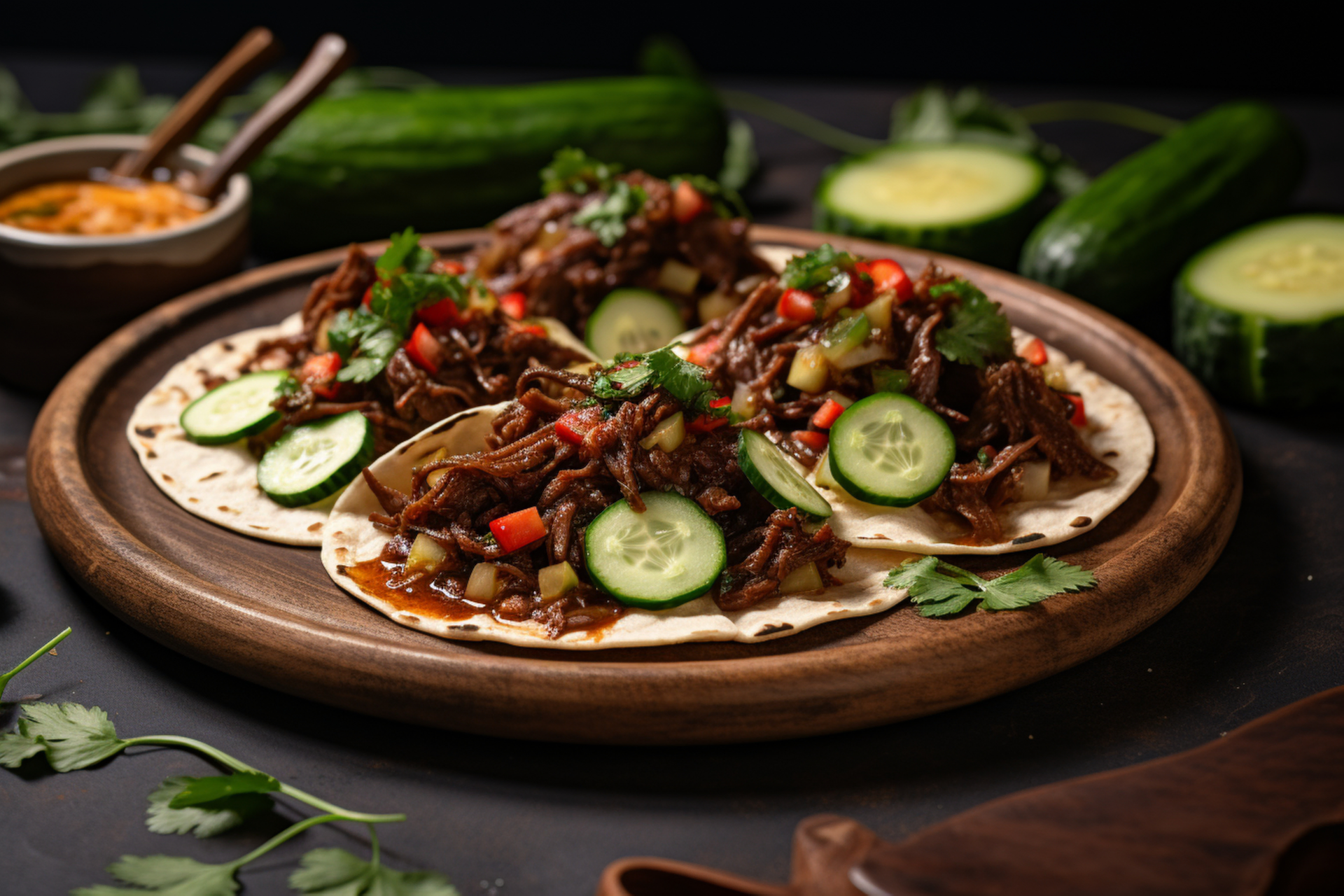 Overhead flat-lay of all ingredients for Korean Gochujang Pulled Pork Tacos with Kimchi Slaw laid out on a kitchen surface.