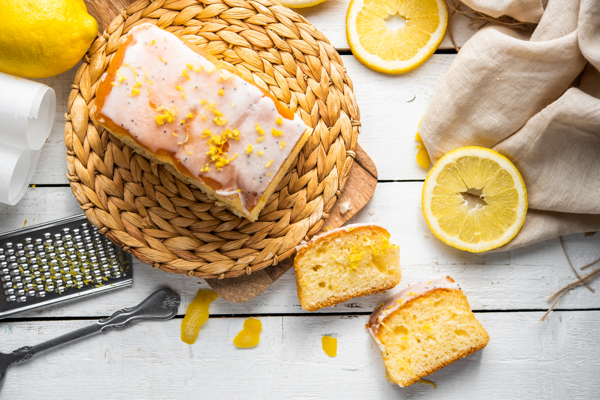 Overhead flat-lay of all ingredients for Korean Honey Citron Marble Cake laid out on a kitchen surface.