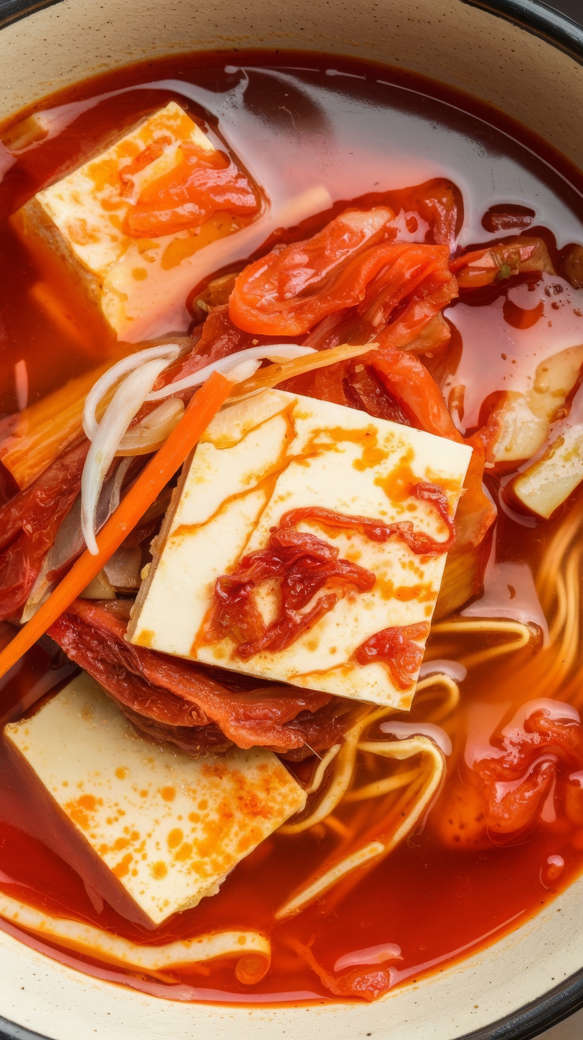 Overhead flat-lay of all ingredients for Korean Kimchi Jjigae Hotpot with Pork Belly and Tofu laid out on a kitchen surface.