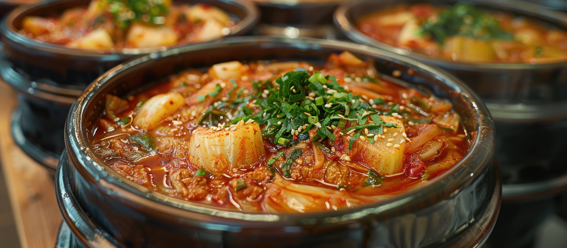 Overhead flat-lay of all ingredients for Korean Sundubu Jjigae with Kimchi and Clams laid out on a kitchen surface.