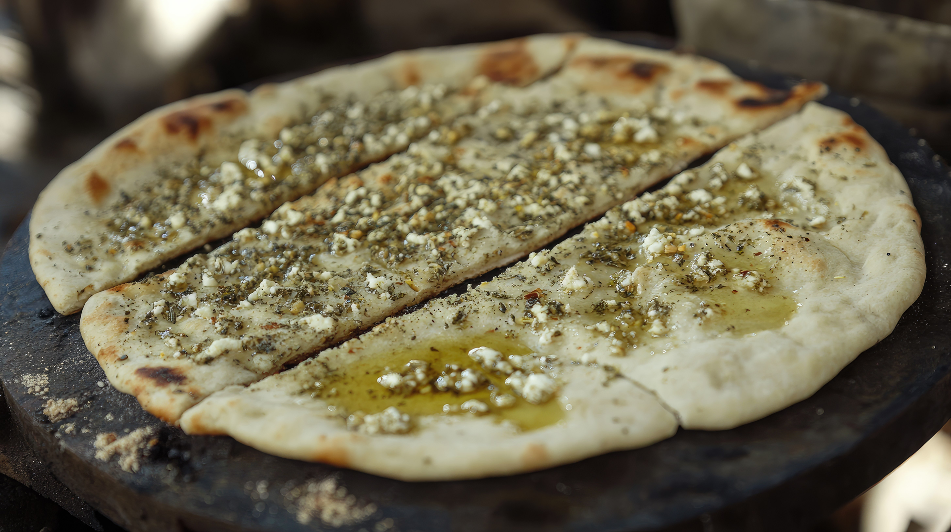 Overhead flat-lay of all ingredients for Lebanese Mana'eesh Zaatar laid out on a kitchen surface.
