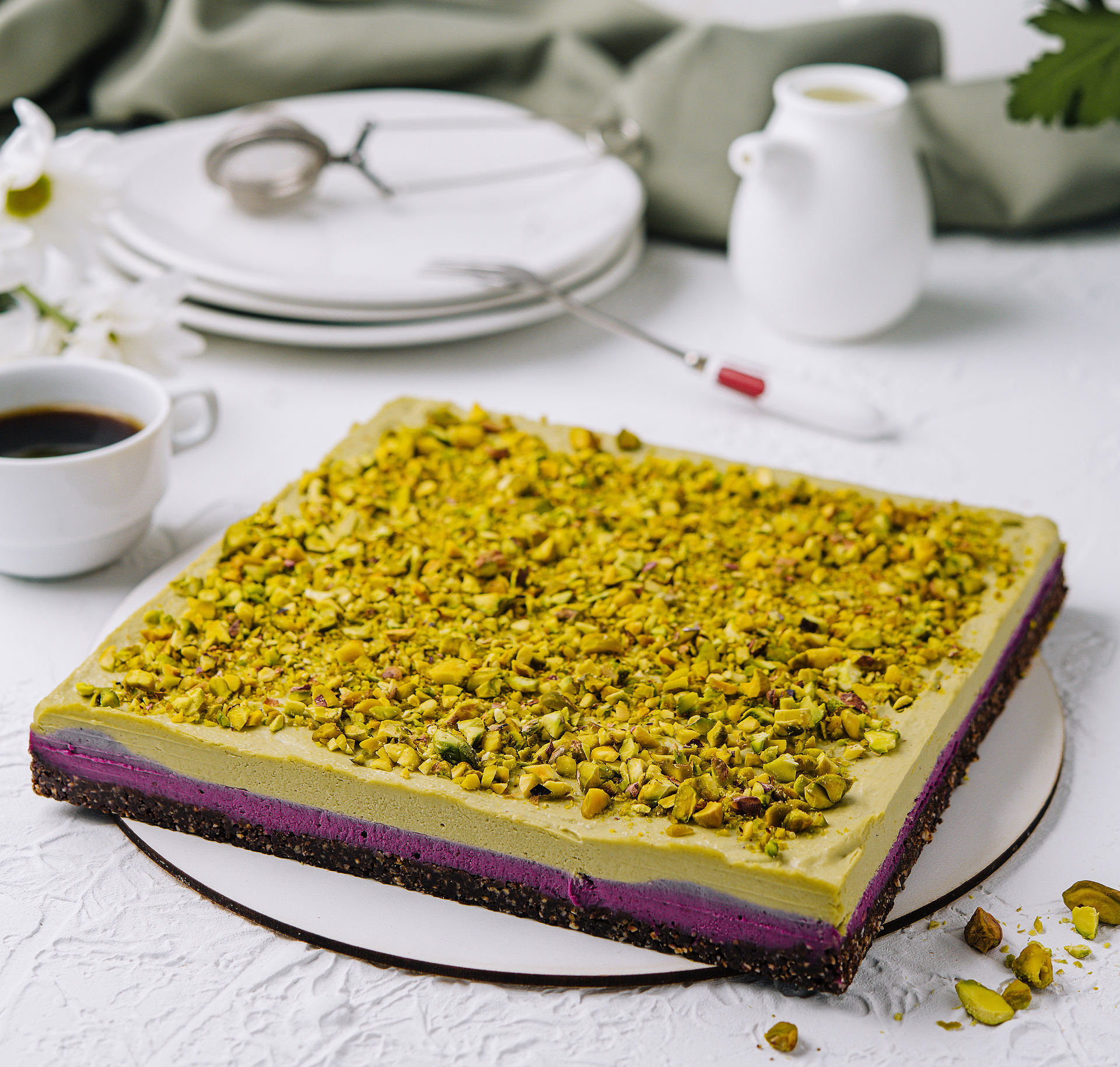 Lebanese Pistachio and Rosewater Cake with Lemon Syrup — Dessert served and photographed from above