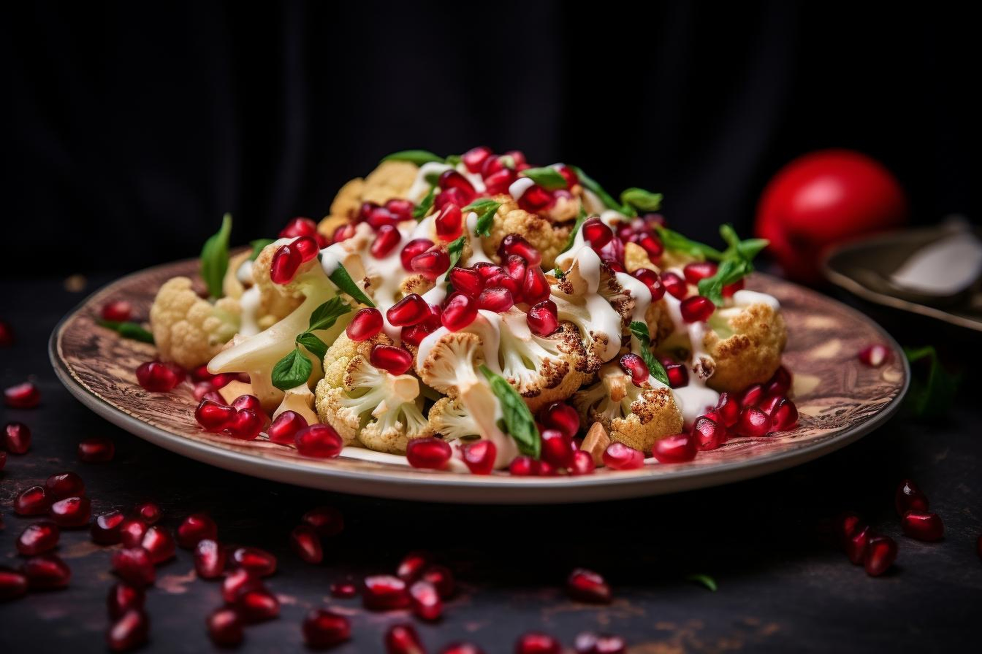 Overhead flat-lay of all ingredients for Lebanese Pomegranate-Glazed Chicken with Chickpea Couscous laid out on a kitchen surface.