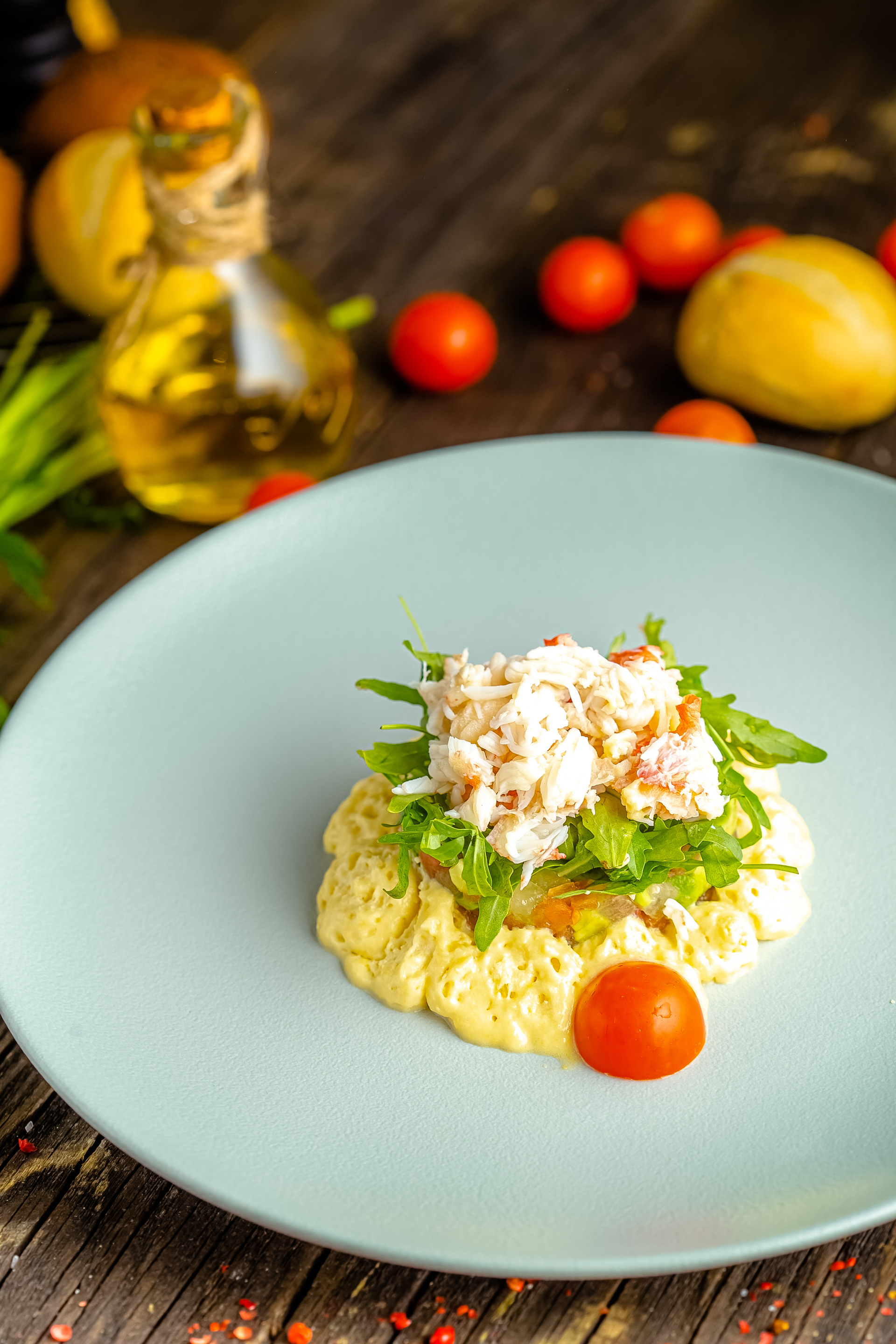 Overhead flat-lay of all ingredients for Lemony Greek Avgolemono Risotto with Dill-Infused Olive Oil laid out on a kitchen surface.