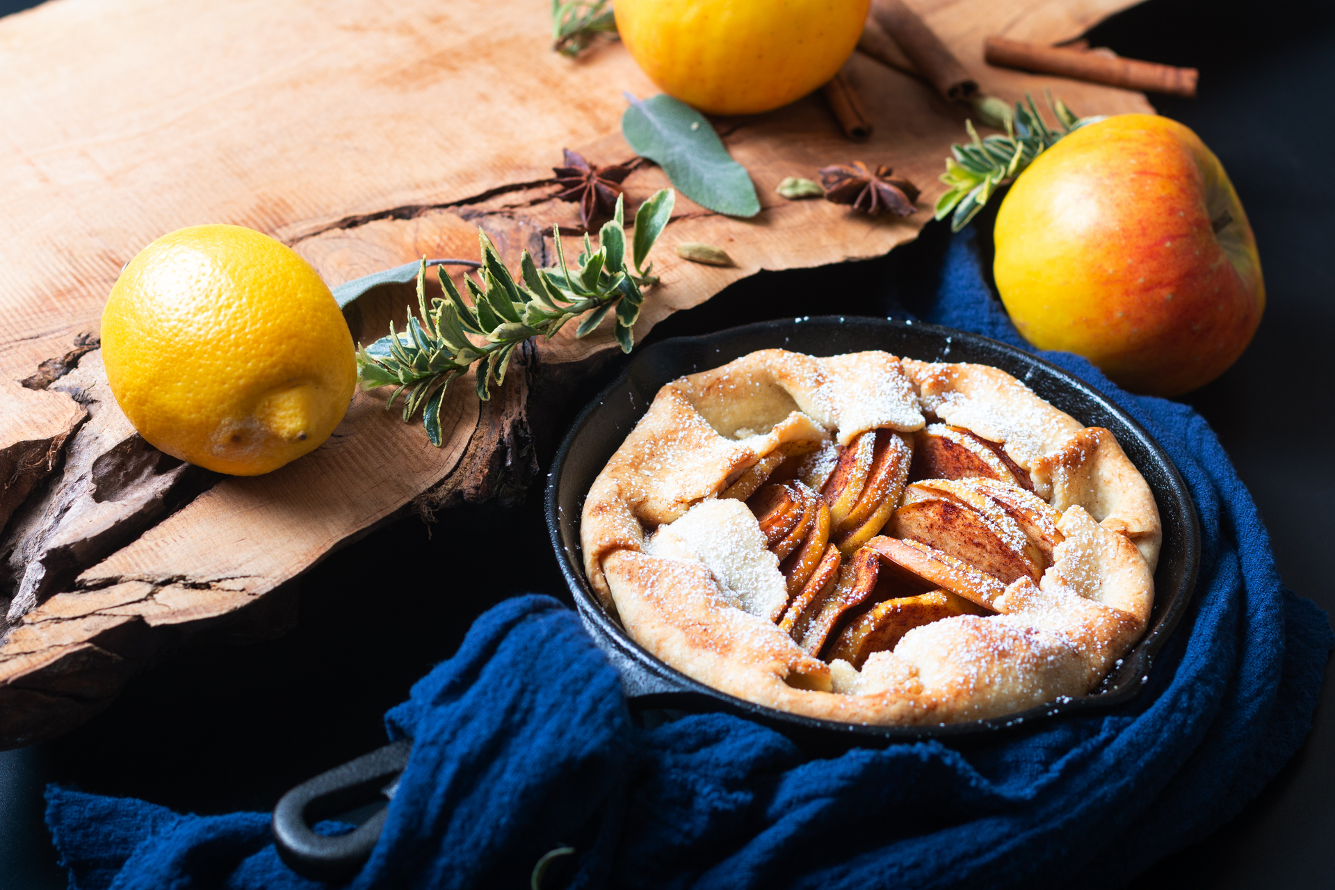 Luscious Alpine Mulled Wine Tart with Pear Compote — Dessert served and photographed from above
