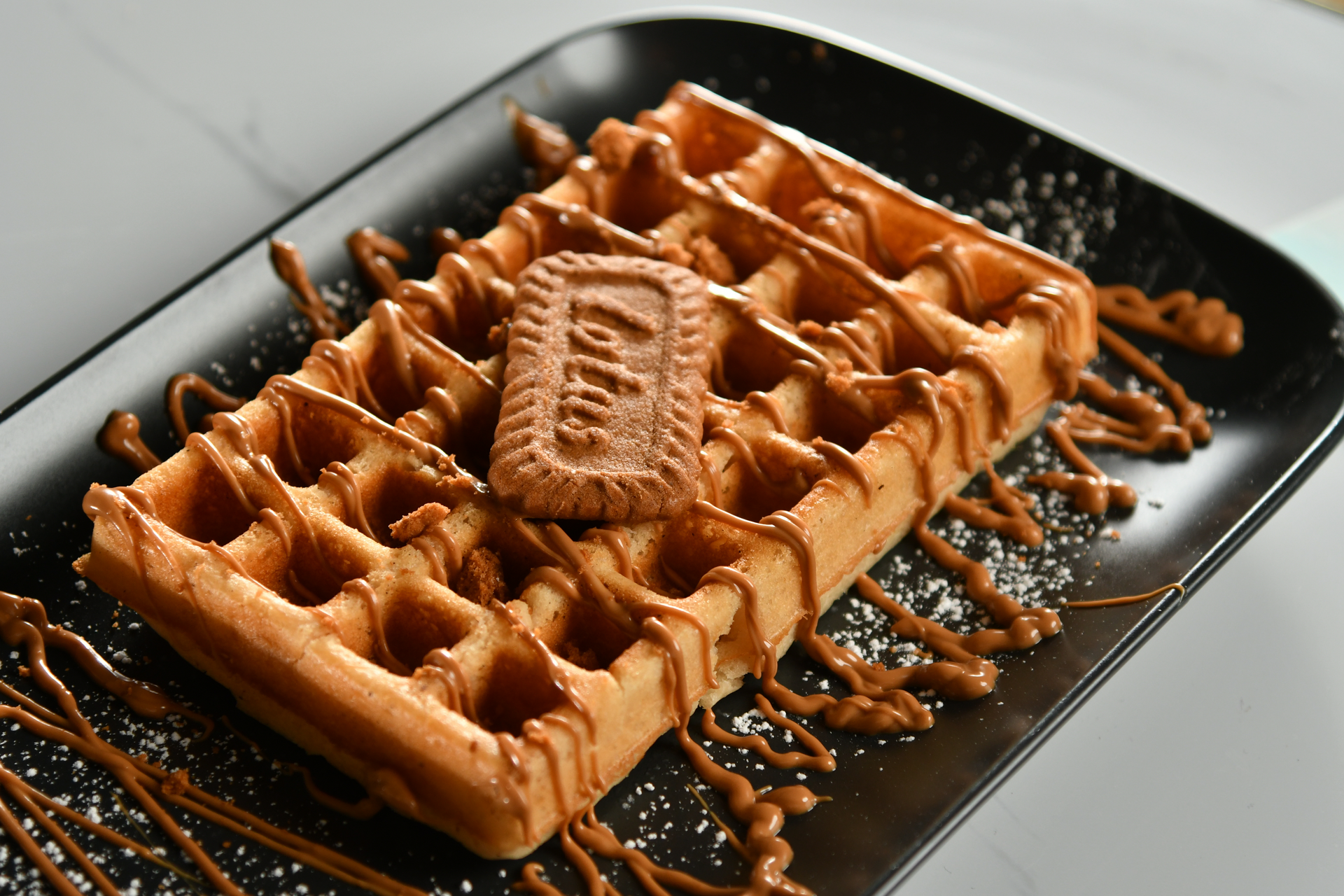 Luscious Belgian Liege Waffles with Pearl Sugar Crust — Breakfast served and photographed from above