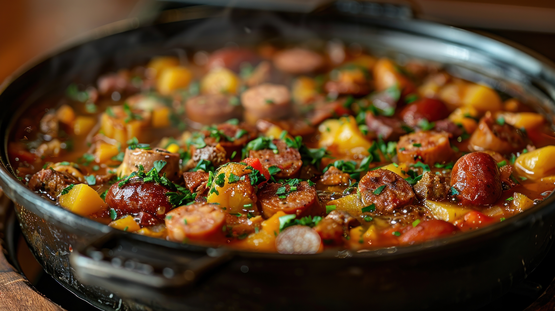 Overhead flat-lay of all ingredients for Luscious Hungarian Cabbage Stew with Smoked Sausages laid out on a kitchen surface.