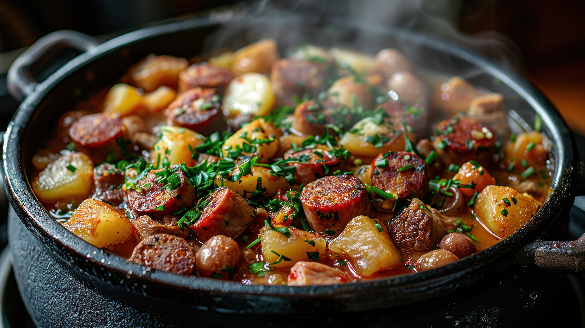 Luscious Hungarian Cabbage Stew with Smoked Sausages — Main Course served and photographed from above