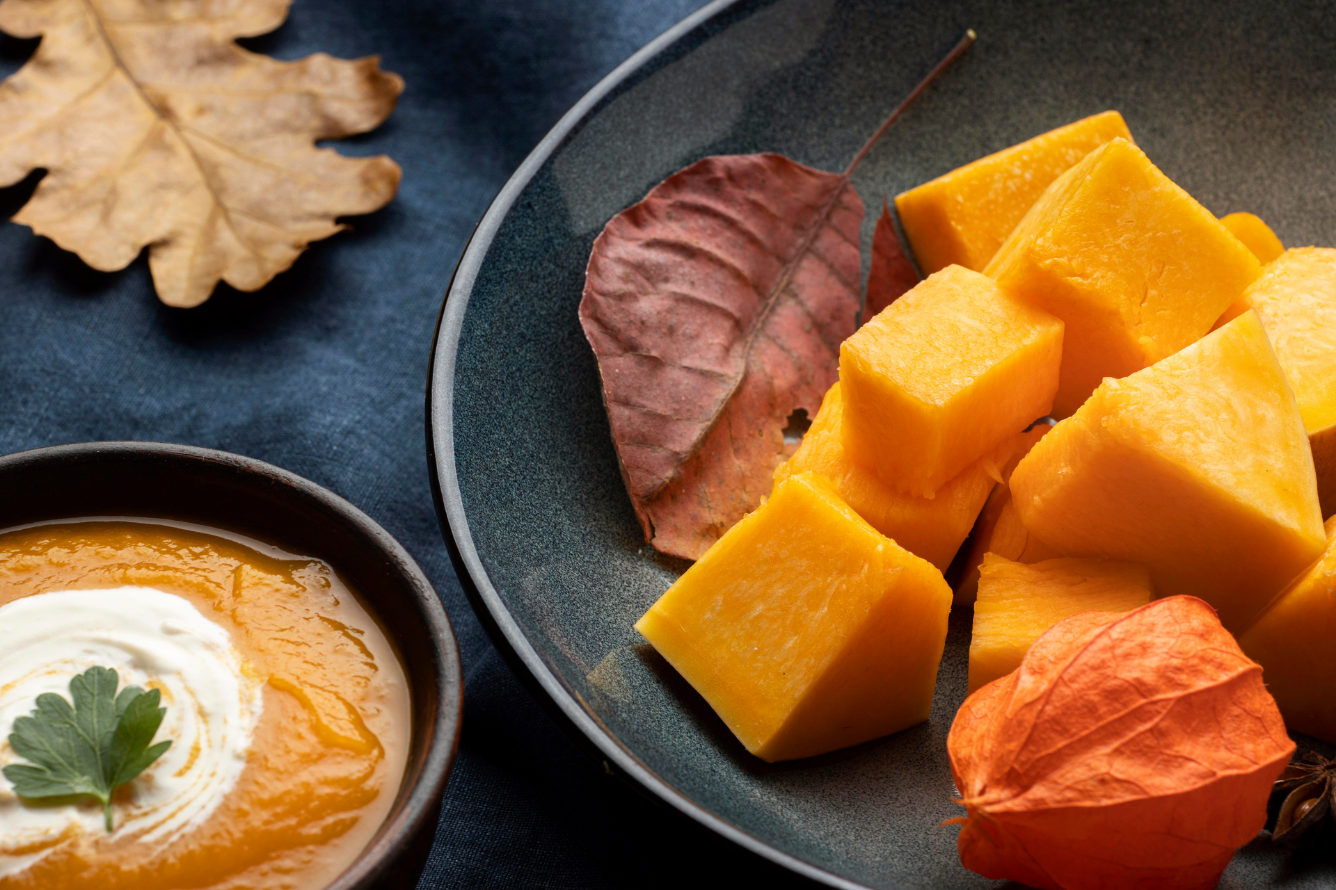 Overhead flat-lay of all ingredients for Luscious Korean Sweet Potato Tang with Chestnut Glaze laid out on a kitchen surface.