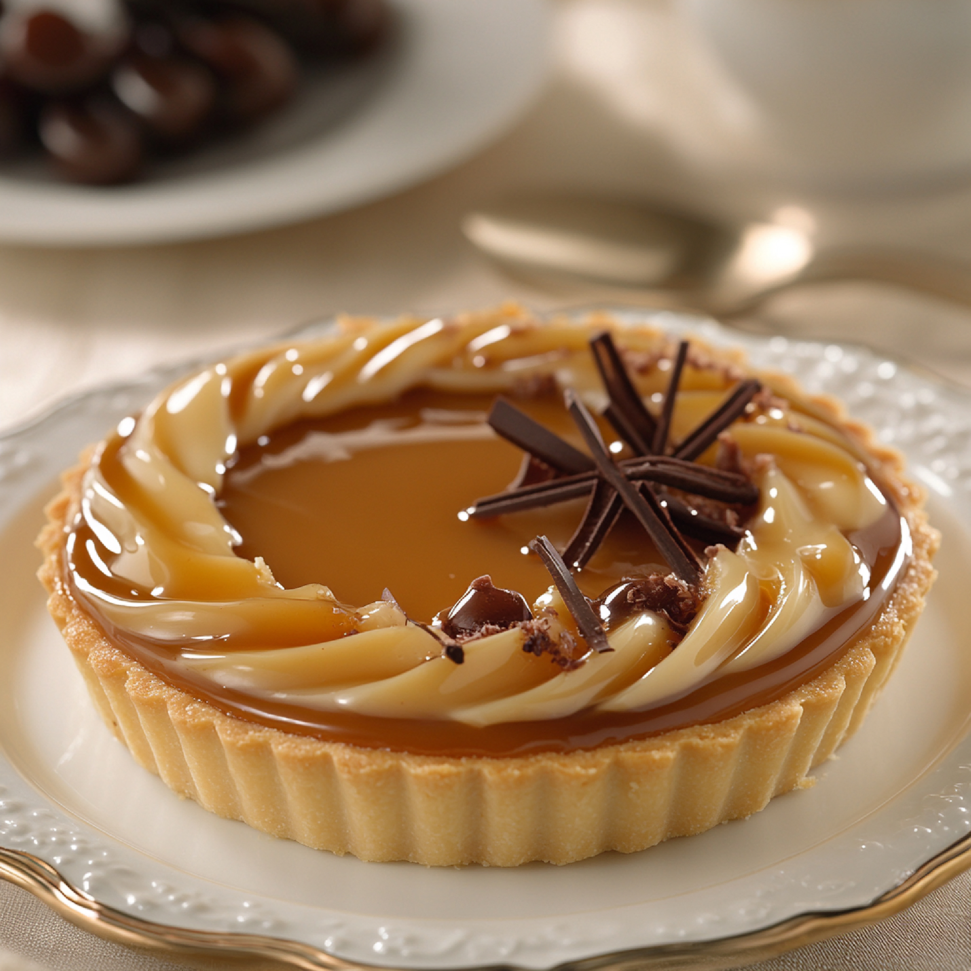 Overhead flat-lay of all ingredients for Luscious Madagascar Vanilla Bean Tart with Caramel Drizzle laid out on a kitchen surface.