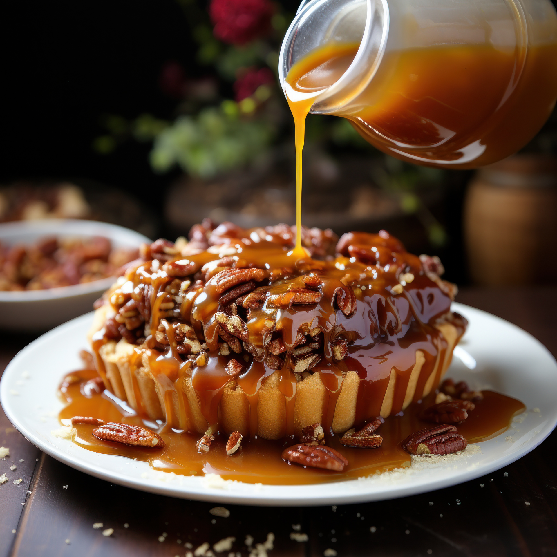 Luscious Madagascar Vanilla Bean Tart with Caramel Drizzle — Dessert served and photographed from above