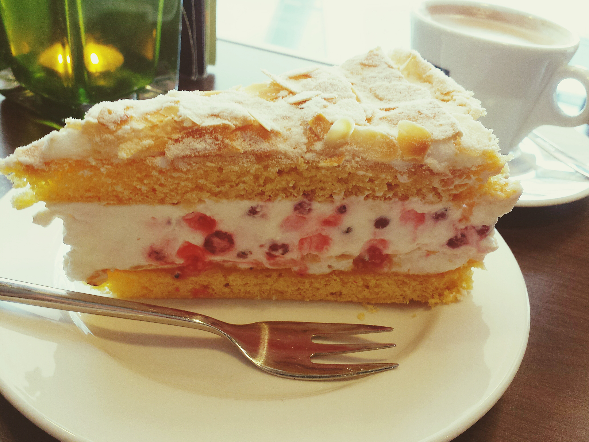 Luscious Mexican Tres Leches Cake with Espresso-Soaked Layers — Dessert served and photographed from above