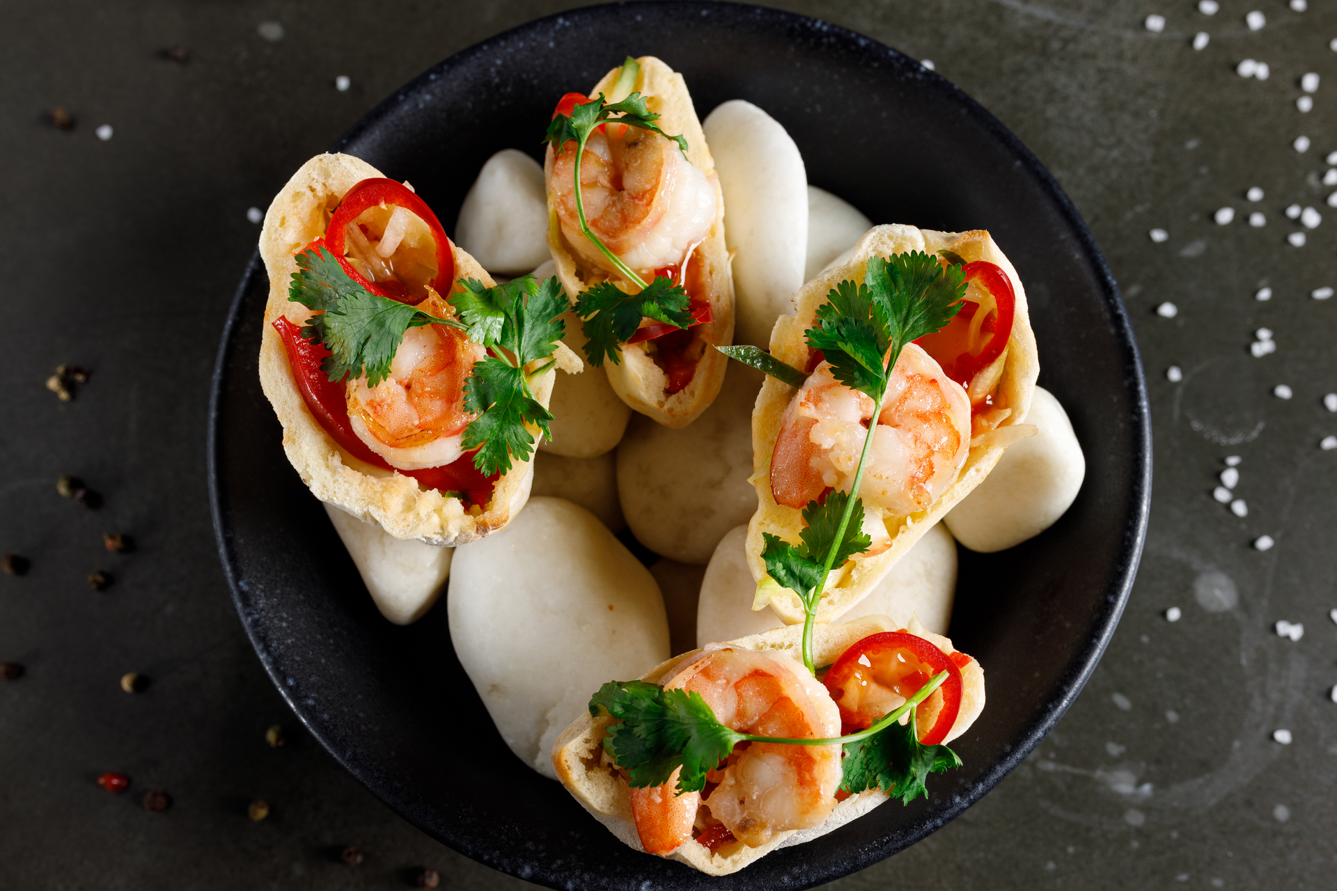 Overhead flat-lay of all ingredients for Luscious Vietnamese Banh Khot with Coconut Shrimp Filling laid out on a kitchen surface.