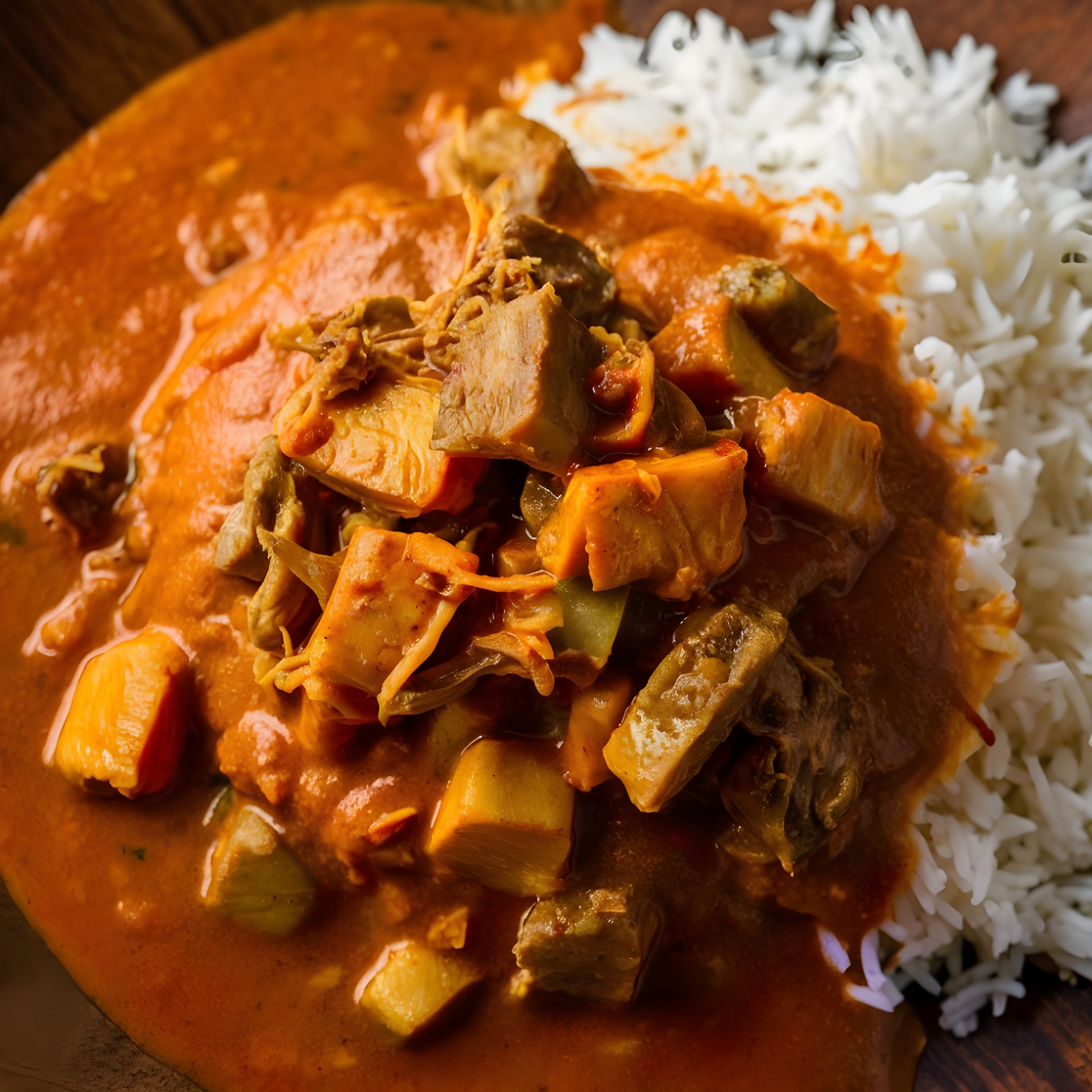 Overhead flat-lay of all ingredients for Lush Jamaican Curry Goat with Ginger Coconut Rice laid out on a kitchen surface.