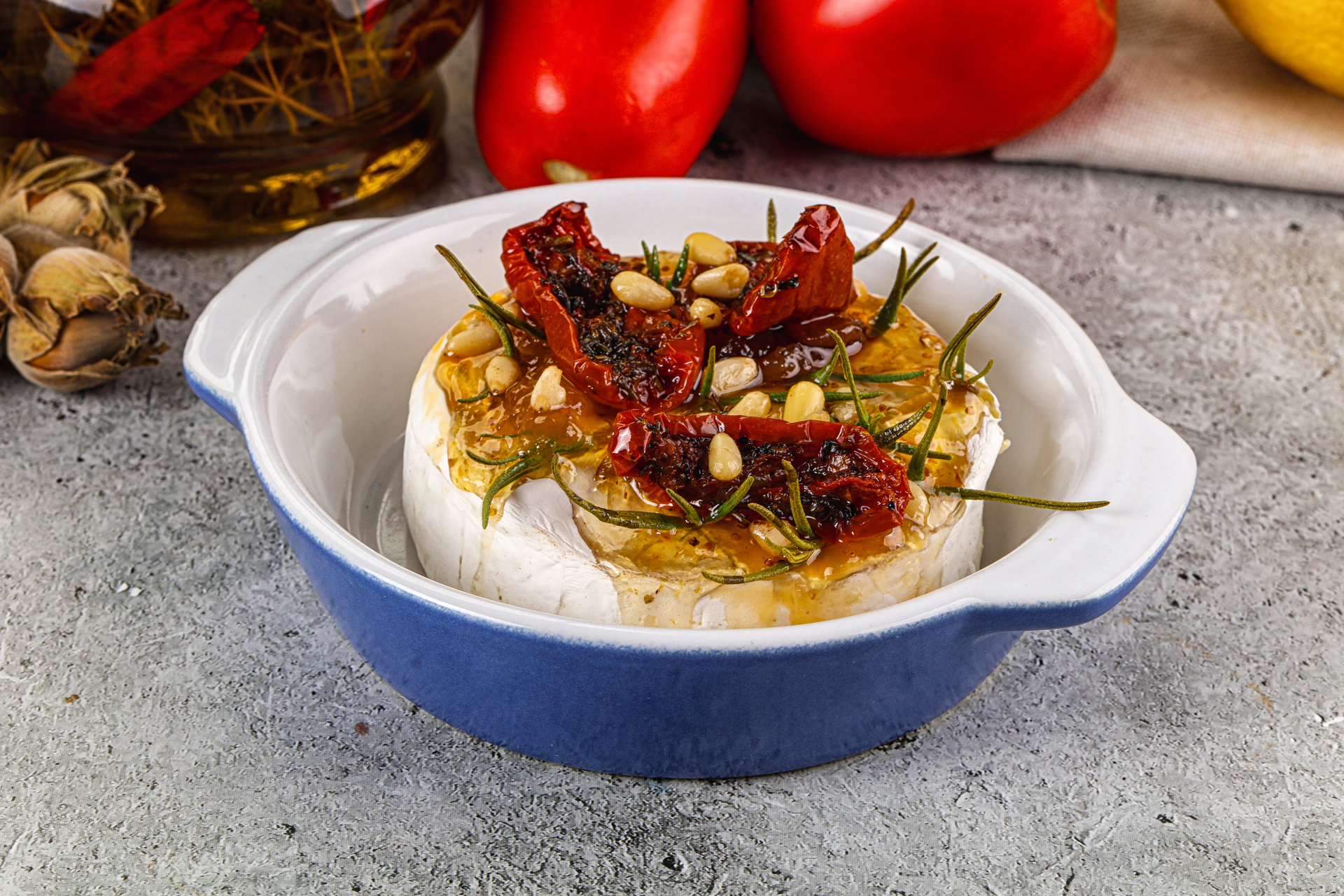 Lush Spanish Manchego-Stuffed Piquillo Peppers with Almond Sauce — Appetizer served and photographed from above